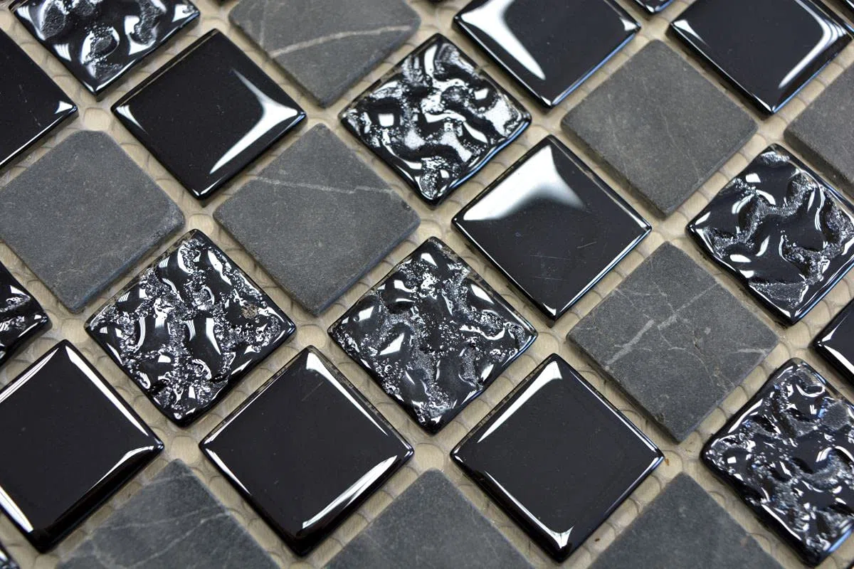 Azulejo de mosaico de cristal gris y negro, para pared, baño, ducha, cocina, tamaño de la alfombra: 327 x 302 = 0,10 m², tamaño de la piedra: 25 x 25 x 4 mm, 1 alfombrilla