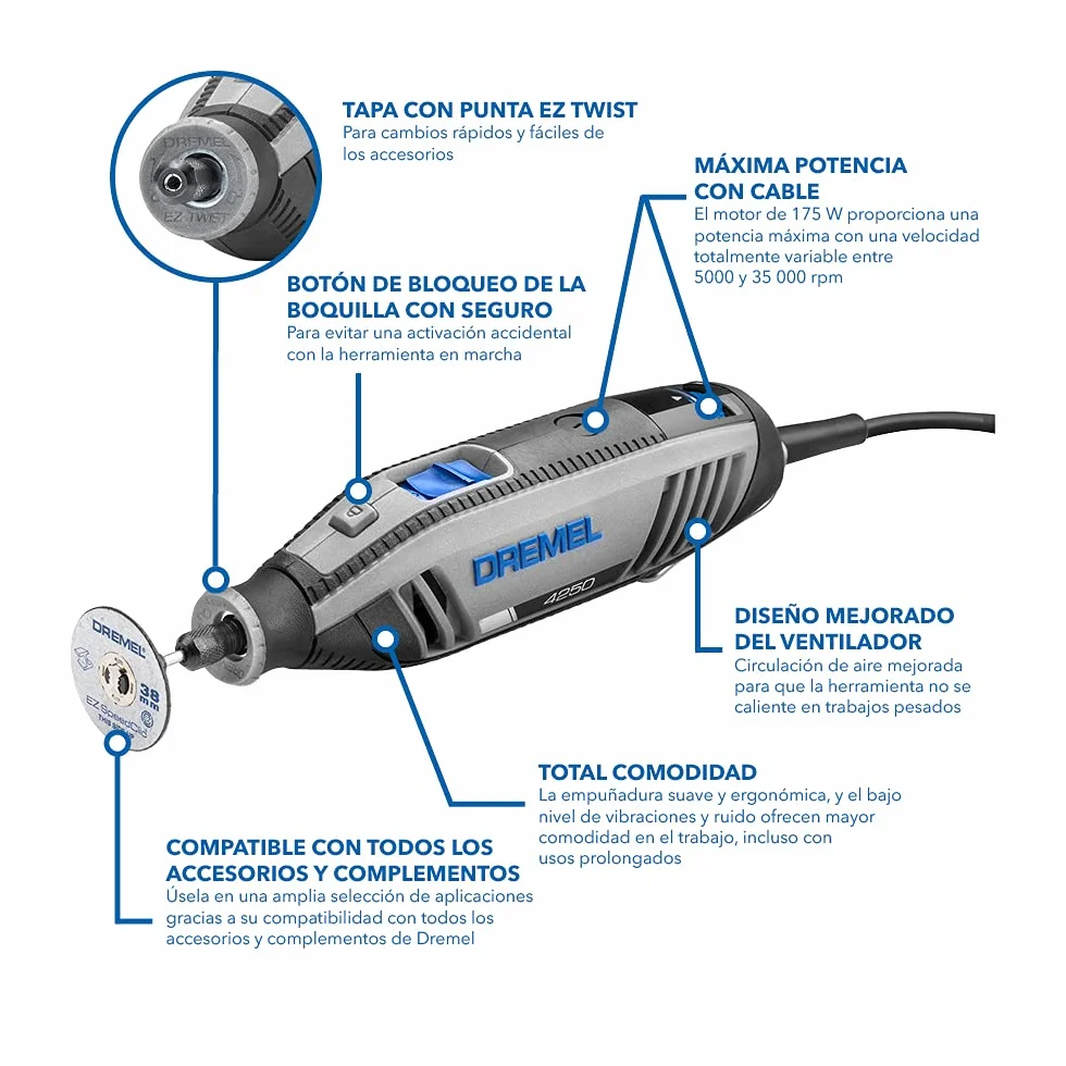 Dremel 4250 Herramienta rotativa de 175 W, kit multiherramienta Amazon Exclusive con 3 complementos y 45 accesorios, motor 175 W con retroalimentación electrónica, velocidad variable 5000-35 000 rpm