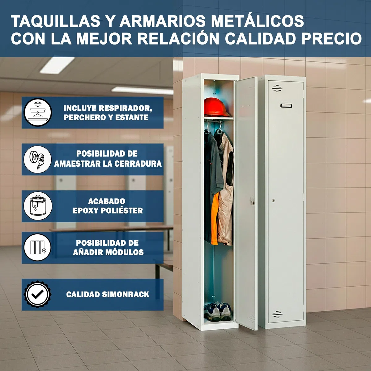Simon Rack Taquillas Vestuario Metálica, 1800x600x500 mm, 1 Puerta, 2 Módulos, Incluye Llave, Gris - Simonlocker