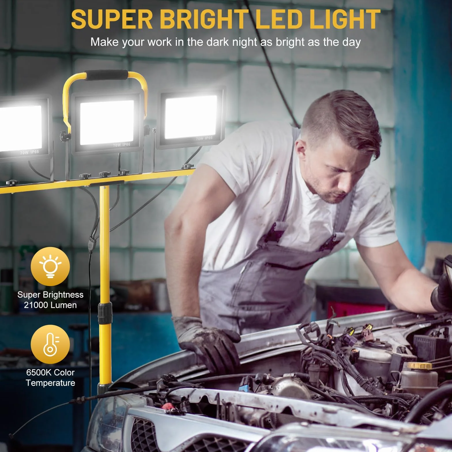 Yofuly Foco LED 3x 70W, Foco de Trabajo 21,000LM 6500K, Focos LED Portátil para Obras con Trípode Telescópico de Metal, Cable de 5M, IP66 Impermeable, Luz de Trabajo para Construcción