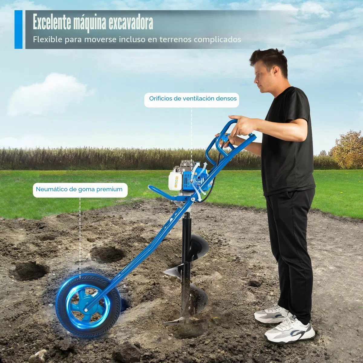Broca de tierra de 2 tiempos, 63 cc, gasolina, con ruedas, 2200 W, 8800 ± 300 rpm, para jardín, gasolina, 1,3 L, capacidad del depósito de combustible, excavadora, poste de valla con broca de 300 mm