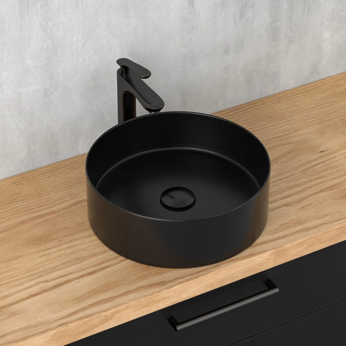 Lavabo negro, redondo, pequeño lavabo de mano en diseño elegante y fácil de limpiar para baño y aseo de invitados (negro mate, 39,5 x 39,5 x 13 cm)