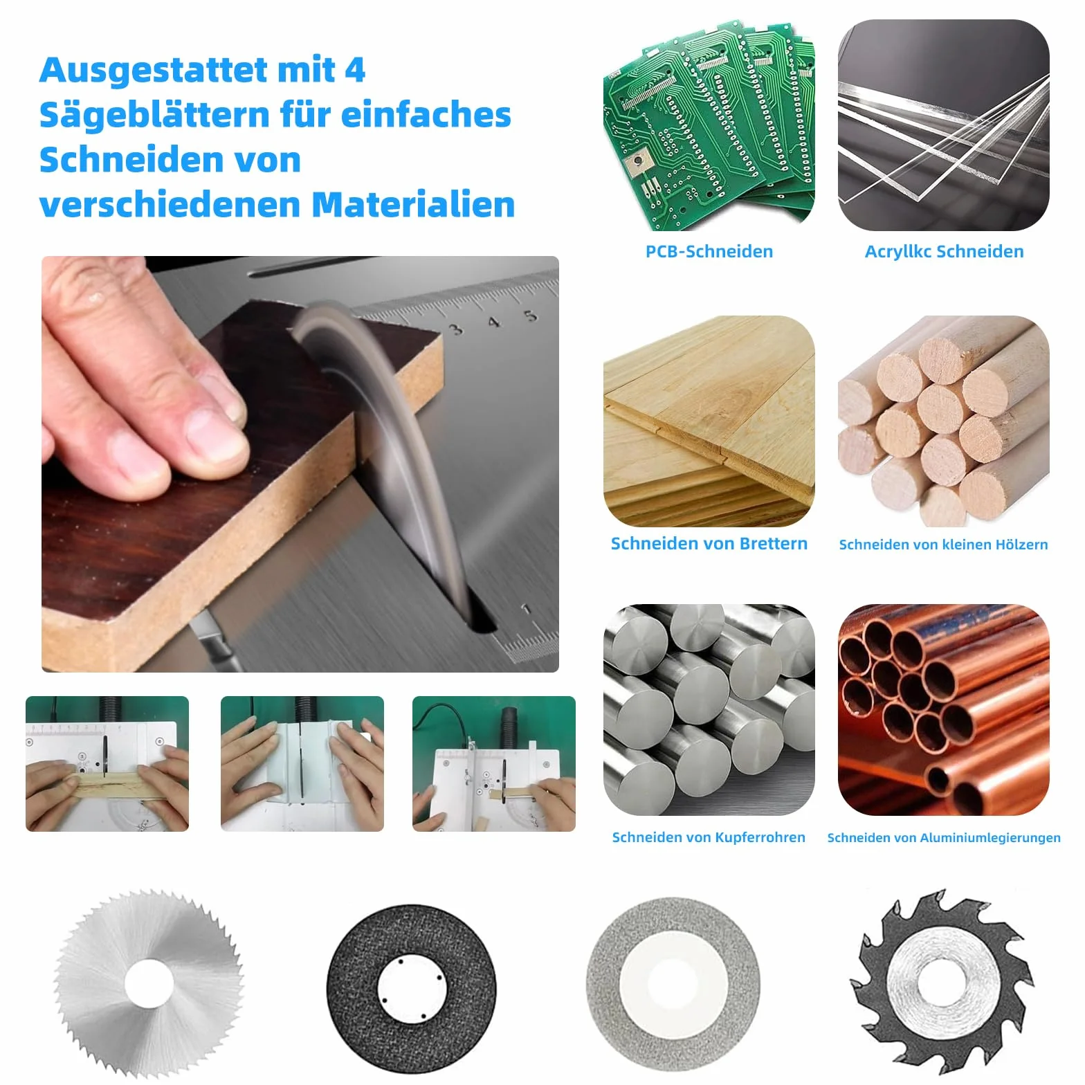 Sierra De 4 hojas, 7-Velocidades de Ajustable, Sierra De Mesa Portátil De Precisión 0.1-15mm Hoja De Sierra Ajustable en Altura, Mini Sierra de Mesa Para Proyectos De Bricolaje De Carpintería