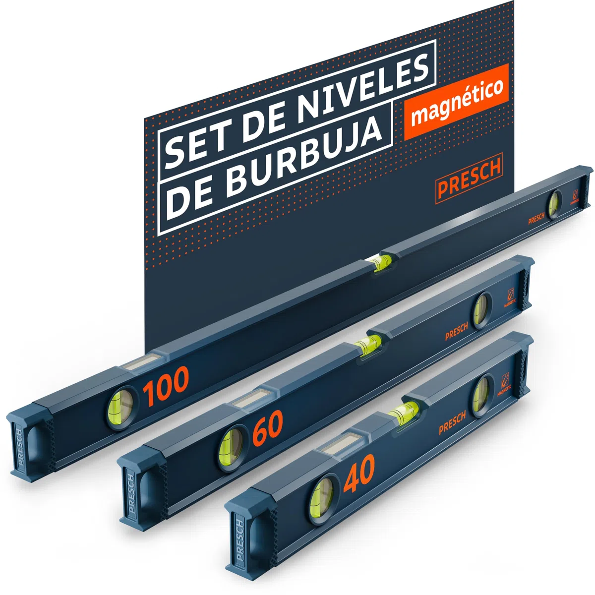 Presch Juego de Niveles Magnéticos 3 pzs. - 40cm, 60cm y 100cm - Ampolla irrompible con pendiente 2% - Ventana de lectura vertical - Tapones antideslizantes innovadores - Niveles de burbuja