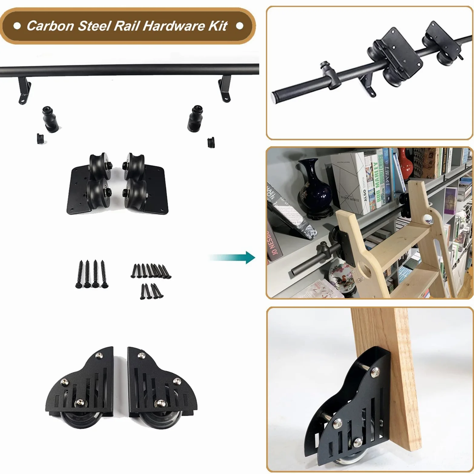 Escalera de Biblioteca con Ruedas Kit rodante para escalera de biblioteca Kit de herrajes para riel deslizante Sistema de riel para escalera Kit de riel para puerta corrediza de madera Kit de clóset