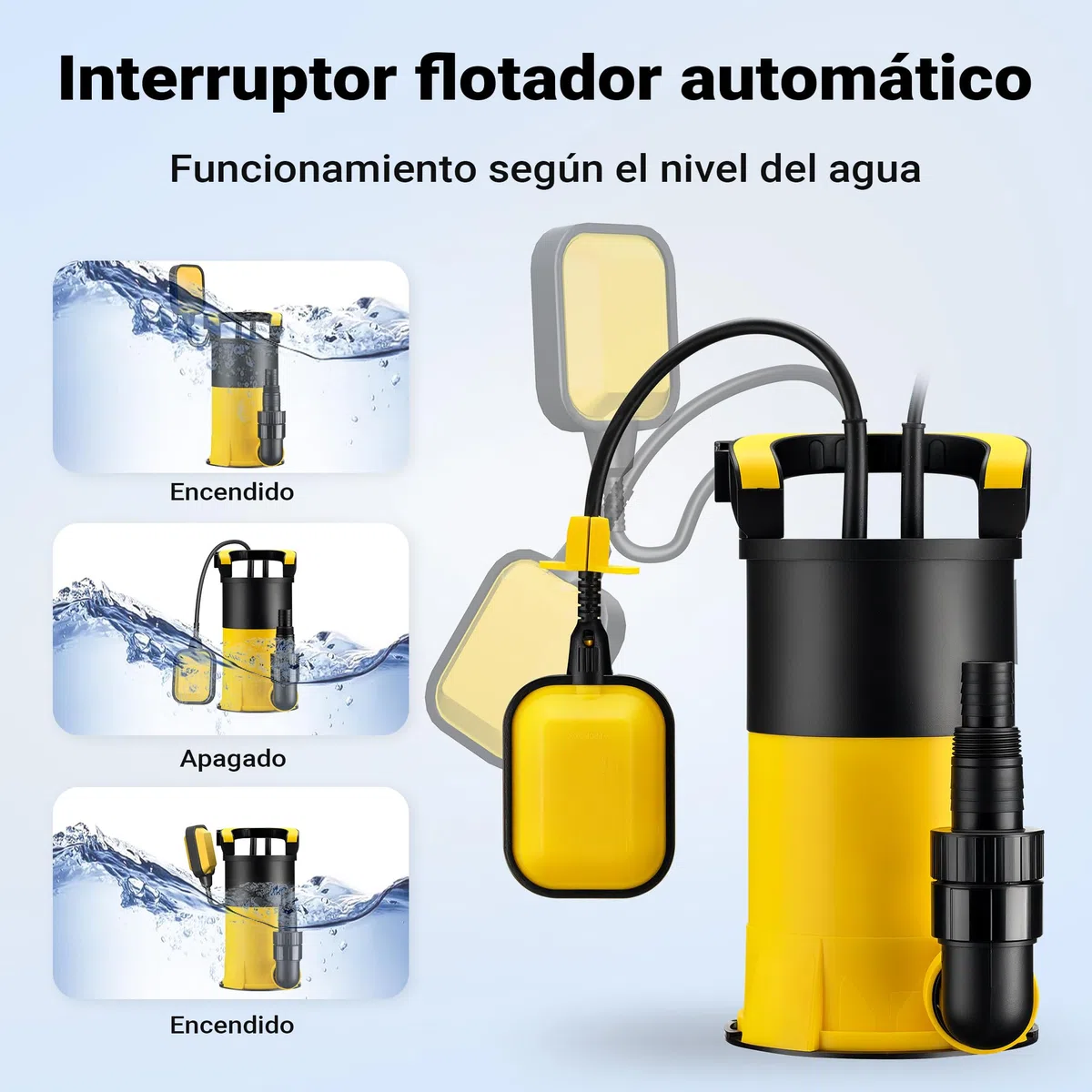 Wiltec Bomba sumergible 400W con flotador, caudal 8000 l/h, altura 5 m, nivel de aspiración 1 mm, anticorrosión para agua limpia