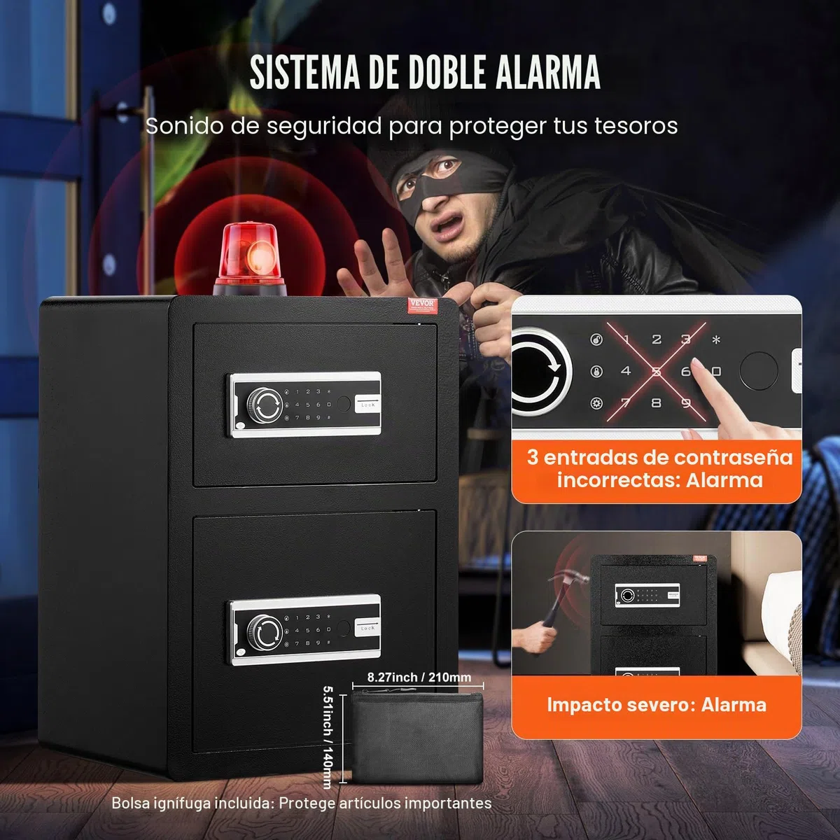 VEVOR Caja Fuerte de 99,1 L con Puertas Dobles, Cerradura con Llave y Contraseña, Bolsa Ignífuga, Estante para Llaves, Luz LED y 2 Divisores Ajustables y Extraíbles para Dinero, Documentos, Negro