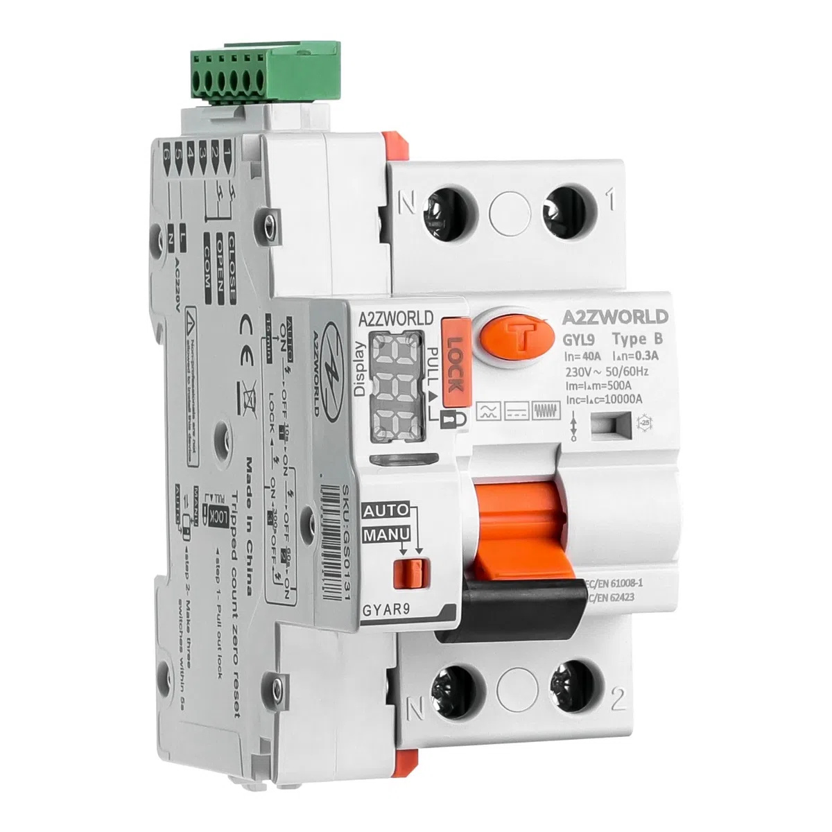 Interruptor diferencial tipo B Rearme automático 40A, RCCB salvavidas Clase B rearmable, 1P+N 10kA 300mA/0,3A, 3 módulos DIN, 3 intentos (10s/60s/300s)