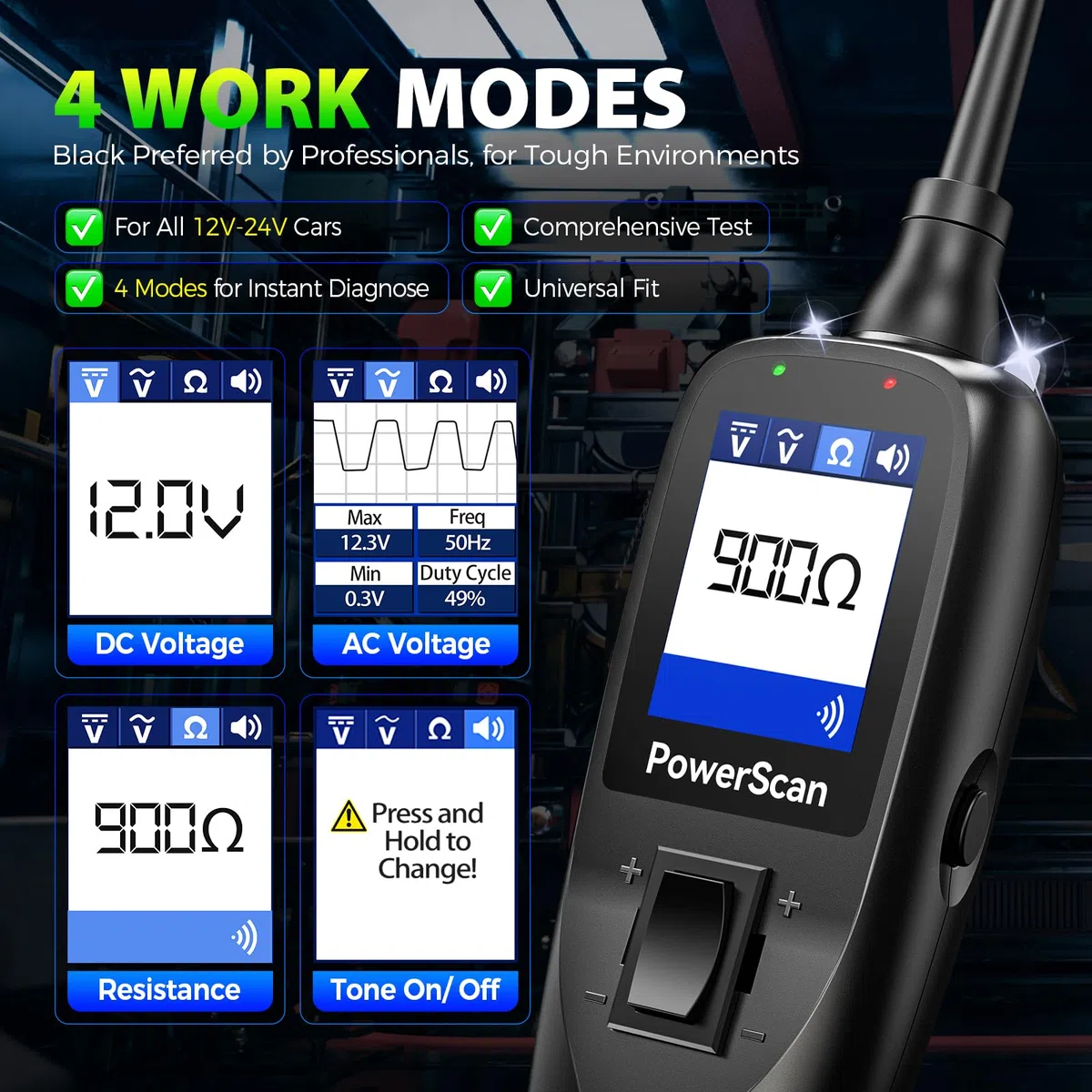 Autel® PowerScan PS100 Probador Circuitos, PowerProbe 12V-24V, Detector Cortocircuito, Interruptor Abierto, Multímetro Digital, Prueba Resistencia Relés & Diodos, Verificación Tierra, Cable 12M, Negro