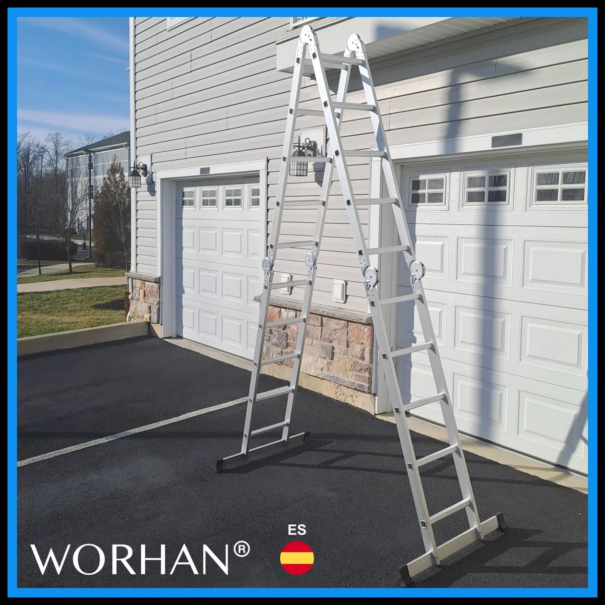 5.7m Escalera Multiuso Multifuncional Plegable 570cm Tijera Bisagra Grande Aluminio con 2 Estabilizadores Nueva Generación Calidad Alta KS5.7