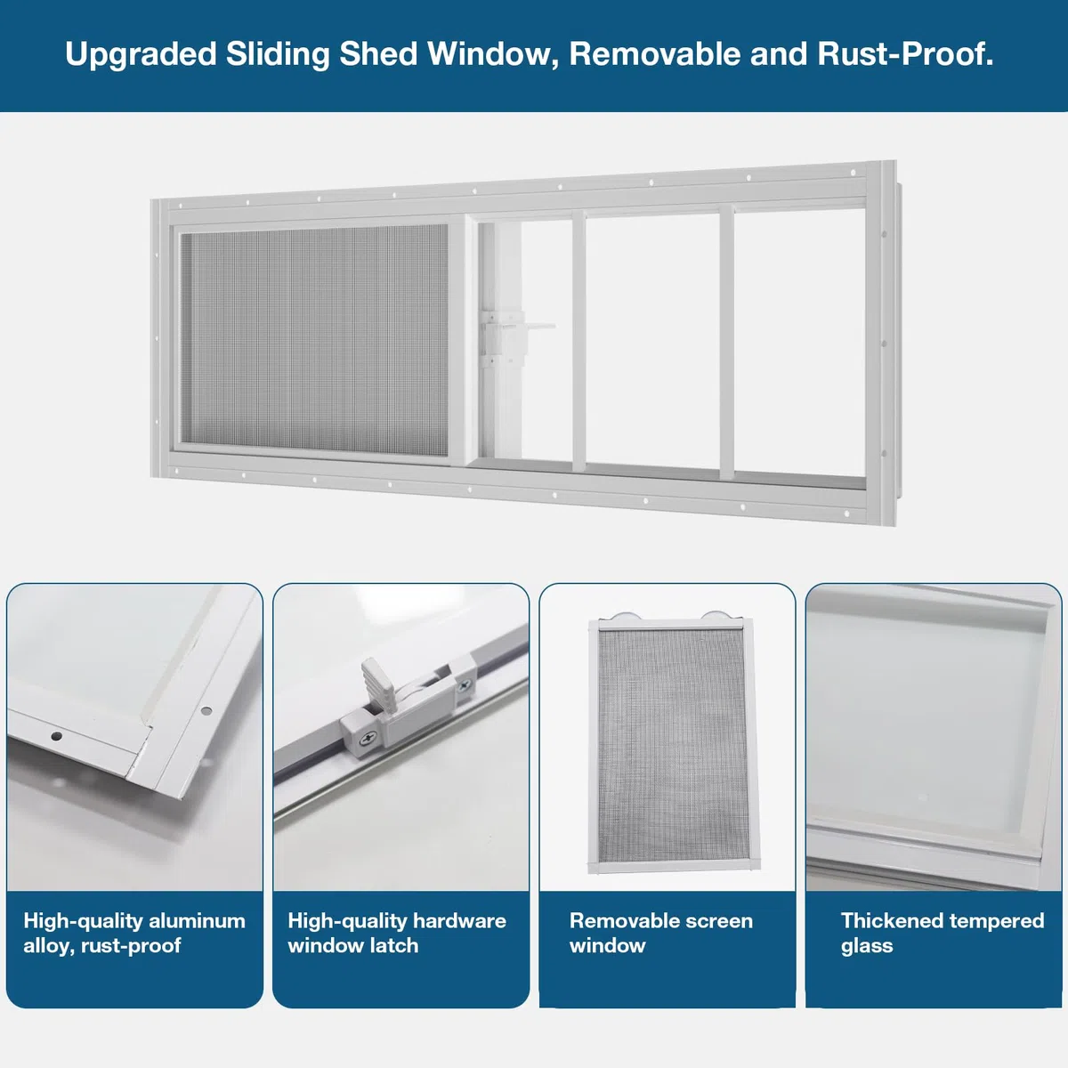Yuzzy Paquete de 2 ventanas correderas de 12 x 36 pulgadas con vidrio templado y pantalla de fibra de vidrio extraíble para cobertizo, gallinero, casa de juegos, hogar, garaje, graneros (blanco)