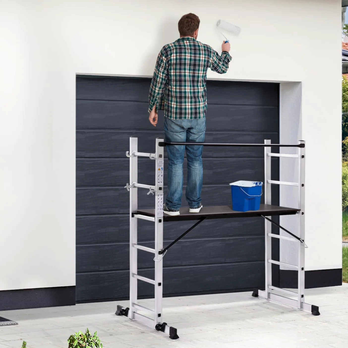 IDMarket - Andamio de aluminio con escalera multifuncional y plataforma modular sobre ruedas, altura 165 cm