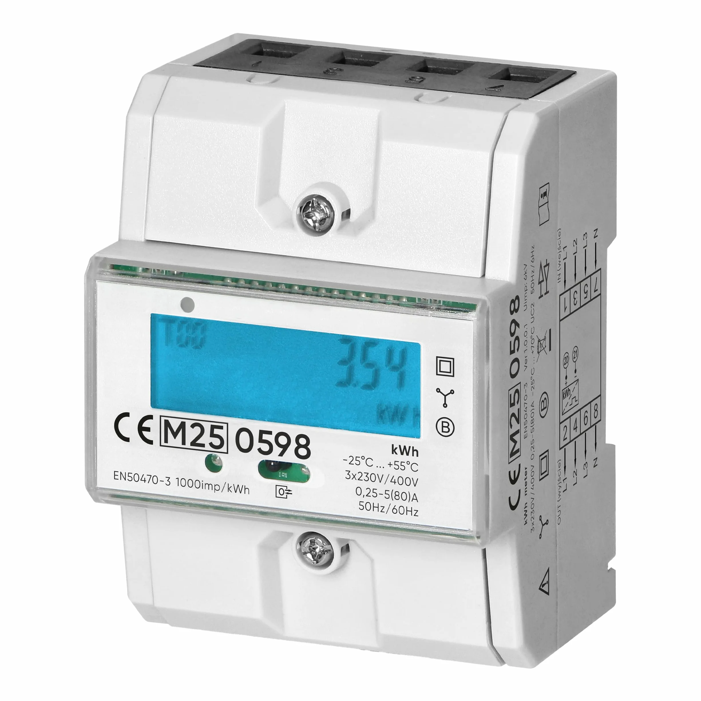 Medidor De Consumo Electrico Trifásico Con Certificado MID DIN TH-35mm 0.25A - 80A