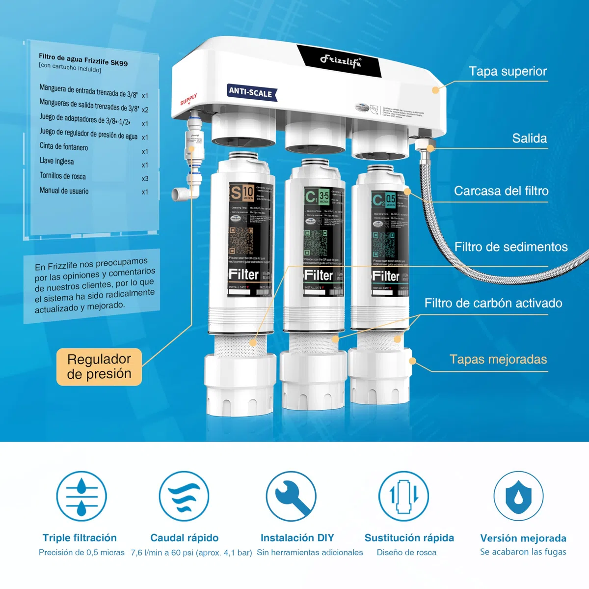 Frizzlife Sistema de filtración de agua bajo fregadero, certificado NSF/ANSI 53, 42 y 372, filtración de 0,5 micras en 8 capas, reduce cloramina, PFOA/PFOS, plomo, cloro, mal sabor y olor, SK99
