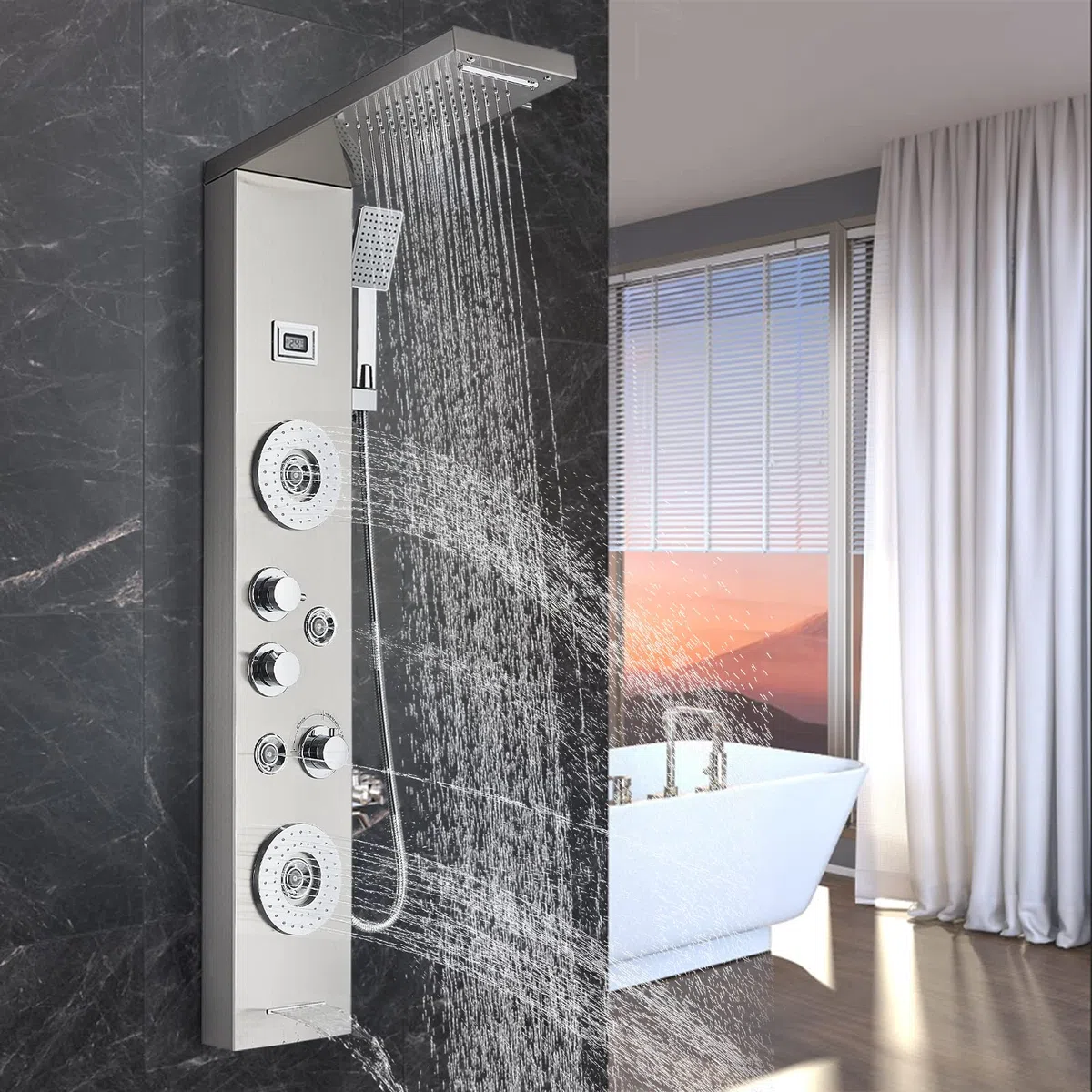 Columna de Ducha con Pantalla LCD, Sistema de Panel de Hidromasaje 3 en 1, Cabezal de Lluvia Grande, Masaje Corporal, Acero Inoxidable Cepillado