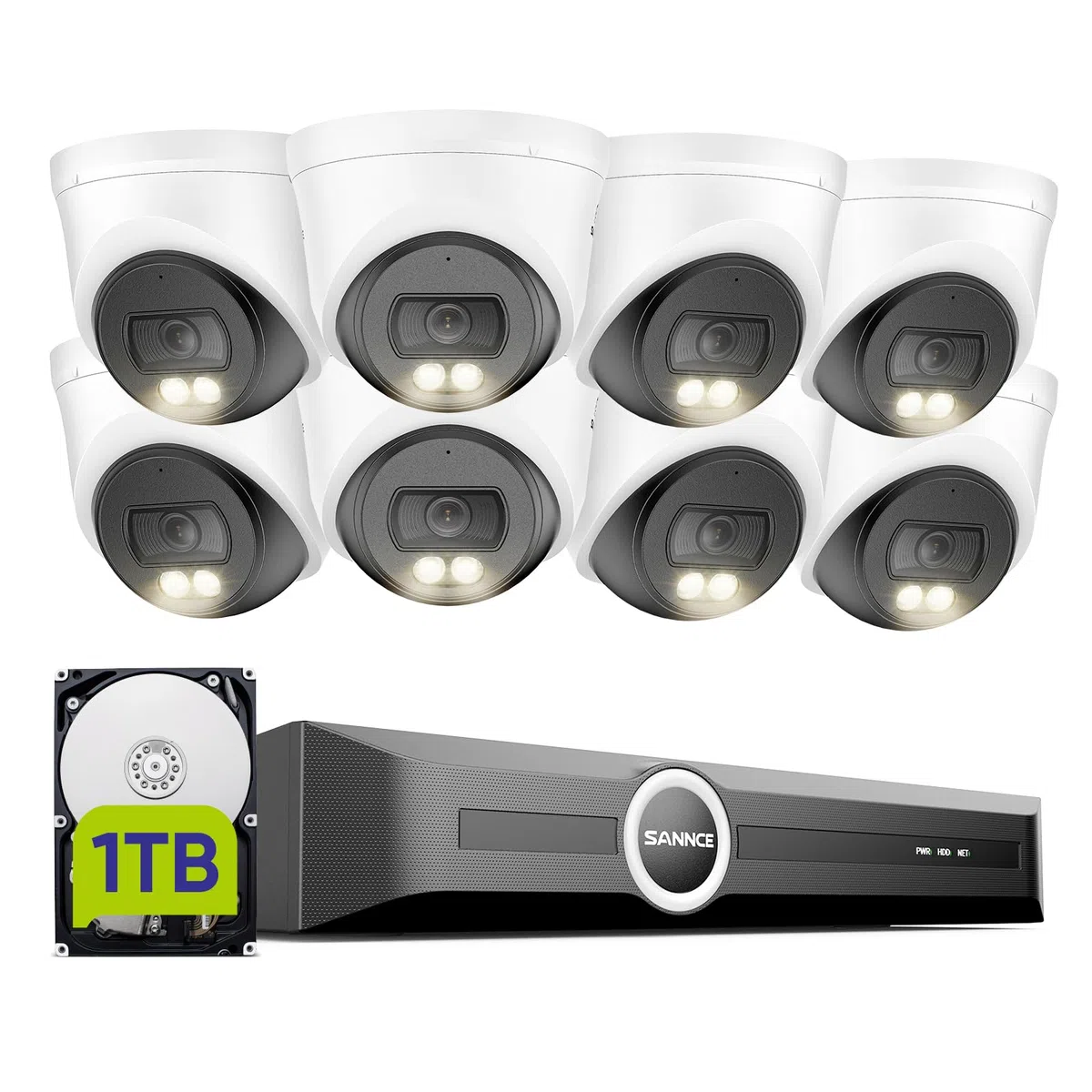 SANNCE Kit de cámaras de vigilancia PoE 5MP 8CH NVR + 4 cámaras IP 2K Impermeables con 1TB HDD, Leds IR Inteligentes, detección de Movimiento, Alarma por App, visión Nocturna de hasta 20 Metros