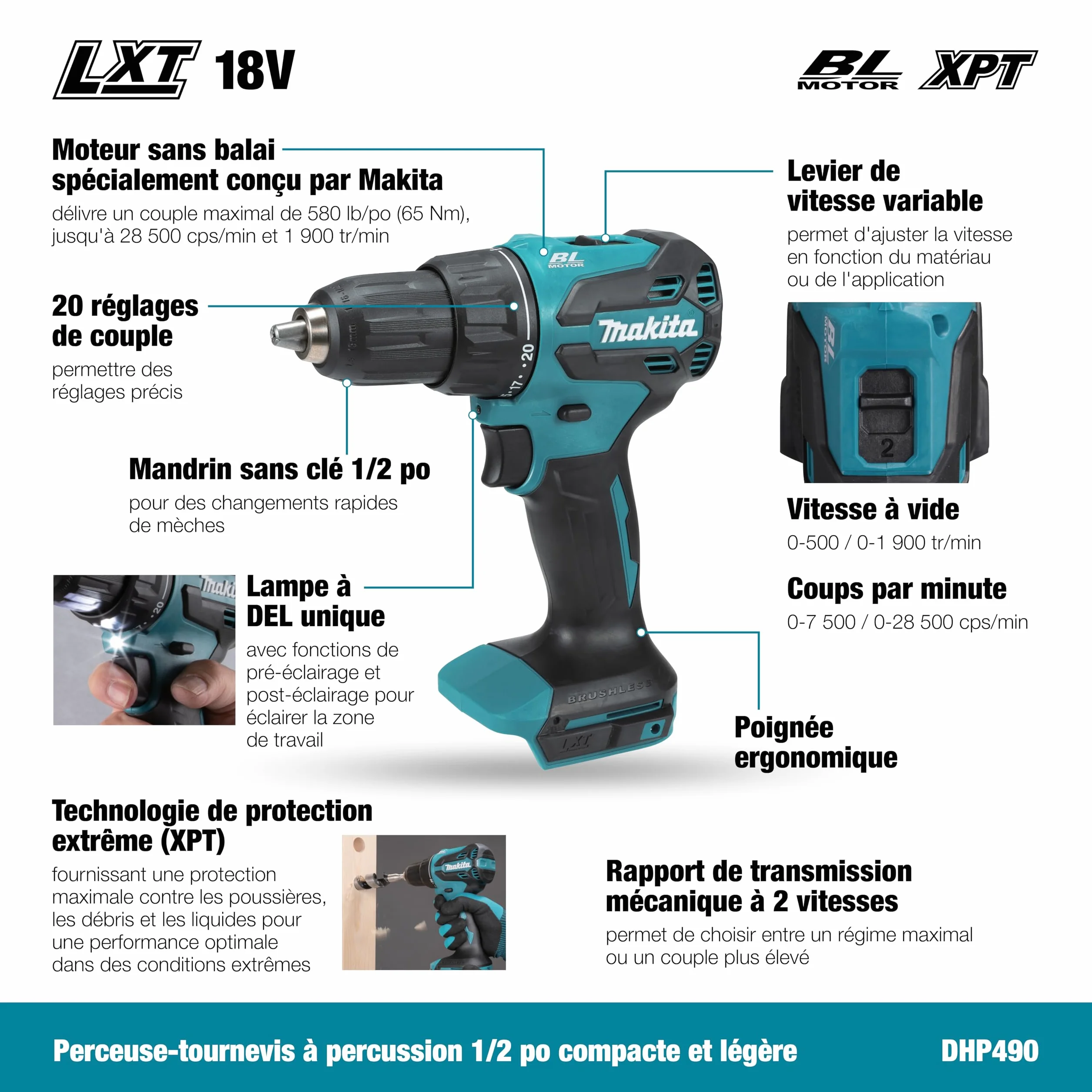 Makita DHP490Z - Taladro combinado sin escobillas LXT de iones de litio de 18 V, baterías y cargador no incluidos