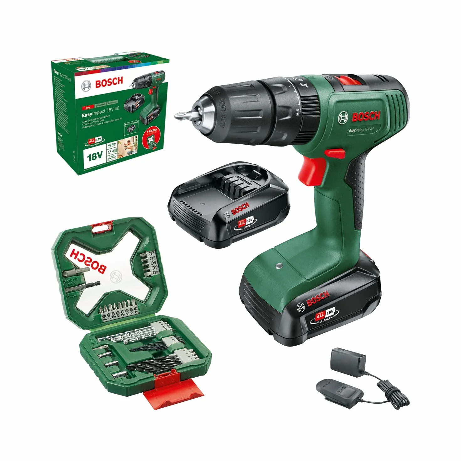 Bosch taladro percutor a batería EasyImpact 18V-40 (2x batería de 2,0 Ah, sistema de 18 V, set de destornilladores y brocas para madera, piedra y metal de 43 piezas, en caja)