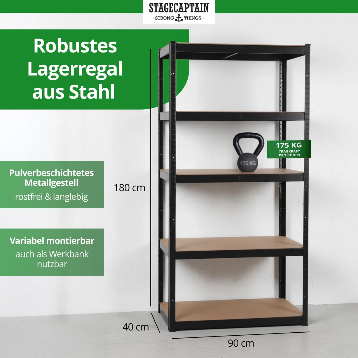Stagecaptain Heavyrack HR-175 BK Juego de 4 estanterías metálicas - Estanteria Almacenaje de Cargas Pesadas de 875 kg MAX. - Estante Almacenamiento - 5 Baldas Multiusos - Negro