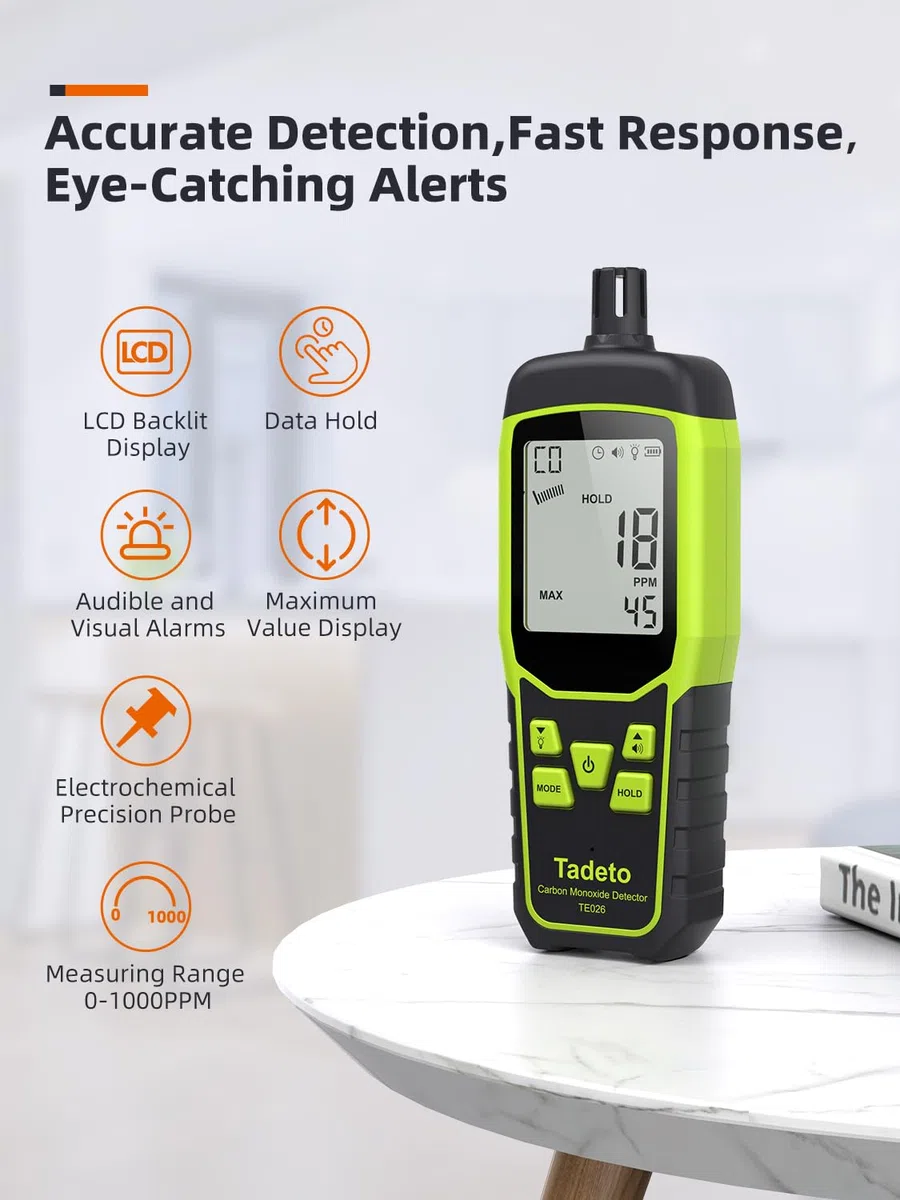 Detector de Monóxido de Carbono, Detector de CO Portátil Tadeto con Alarmas Acústicas y Visuales, Sensor Profesional CO Warner para Uso Interior, Exterior e Industrial (Pilas Incluidas x 3)