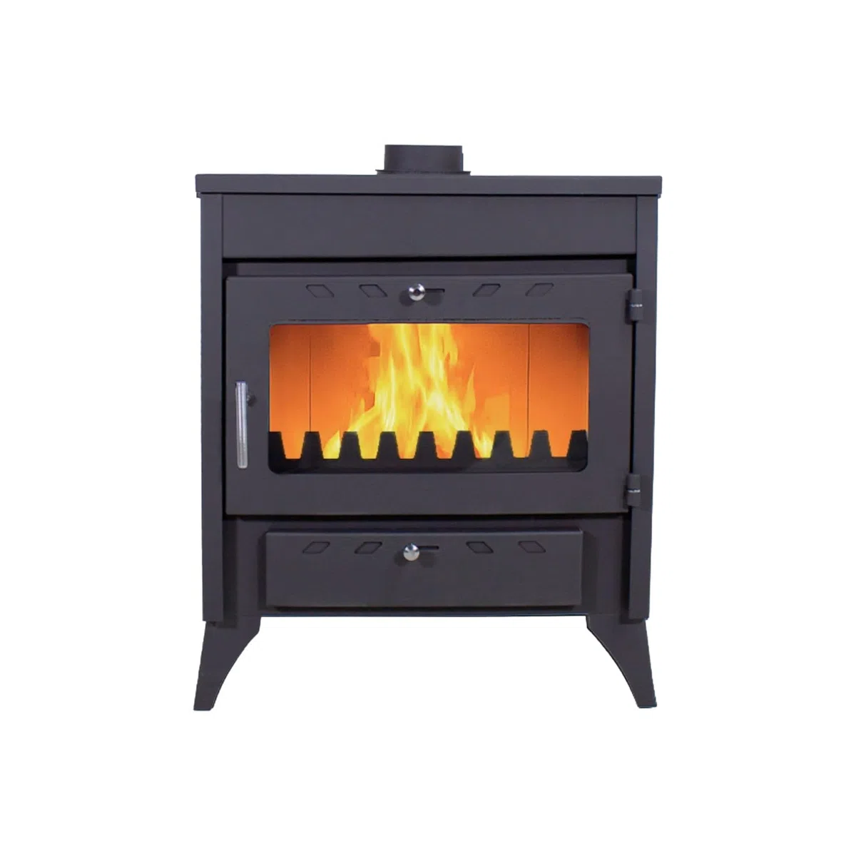 EIDER BIOMASA Estufa de Leña CAPRI – 16,28 kW – Con Parrilla para Cocinar – Rendimiento 78% – Hasta 315 m³ – Doble Combustión – Hierro Fundido – Clase A