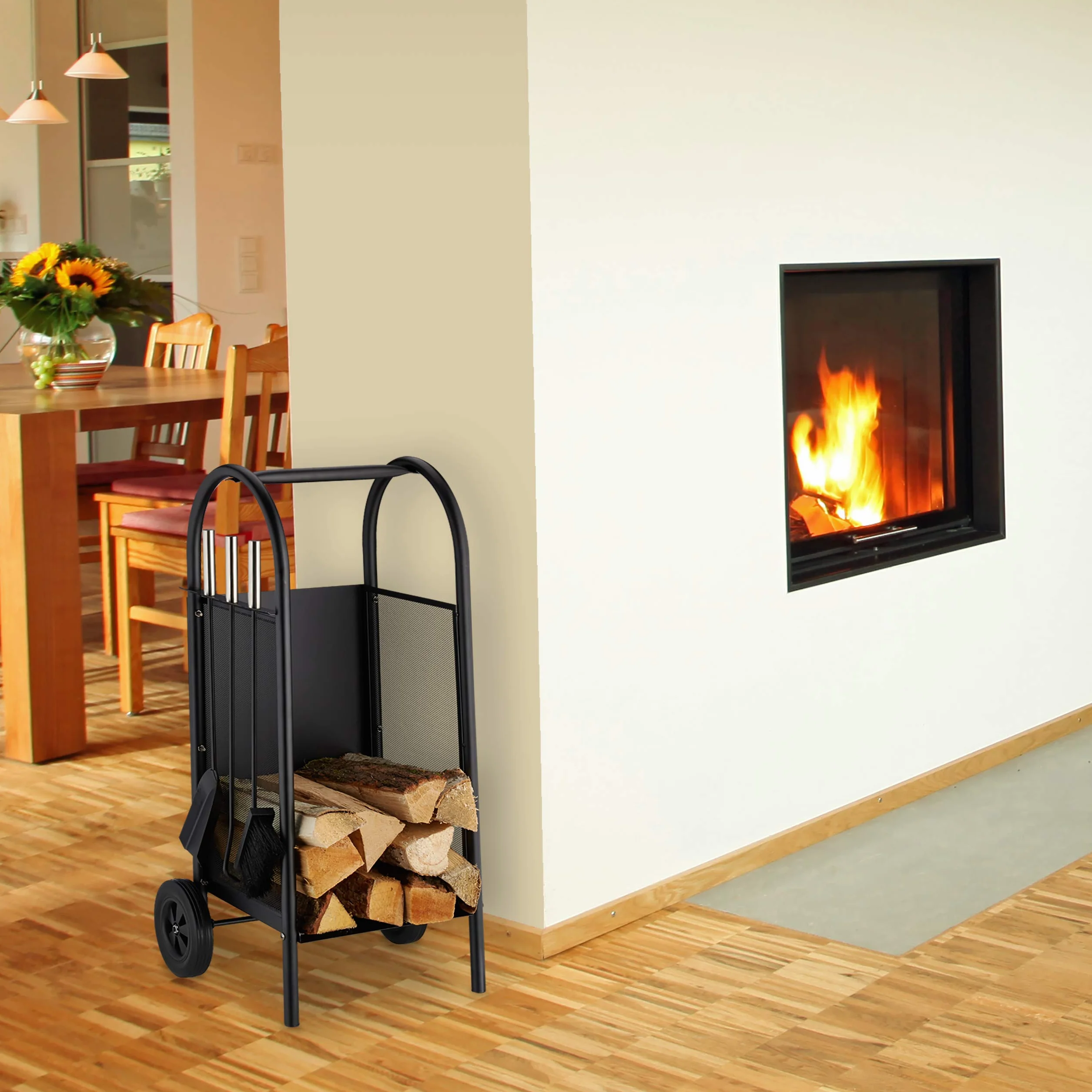 Relaxdays Leñero con accesorios de chimenea, Soporte portátil, Pala para cenizas, Cepillo & Atizador, Negro