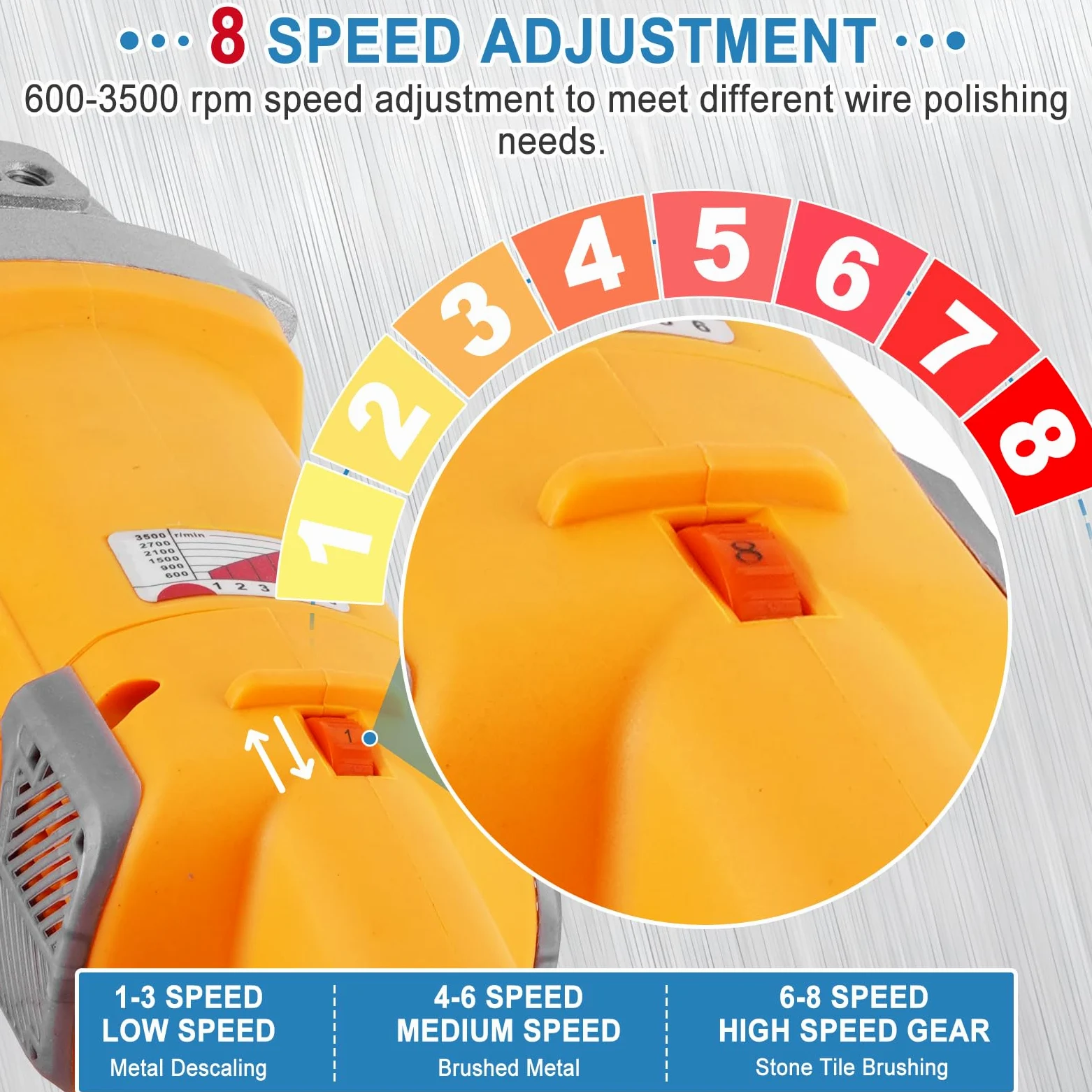 MXBAOHENG Máquina de satinado lijadora de rodillo Pulidora eléctrica de 3200W 8 velocidades ajustables con 1*Rueda de alambre abrasivo y 1*Rueda de lino (amarillo EU)