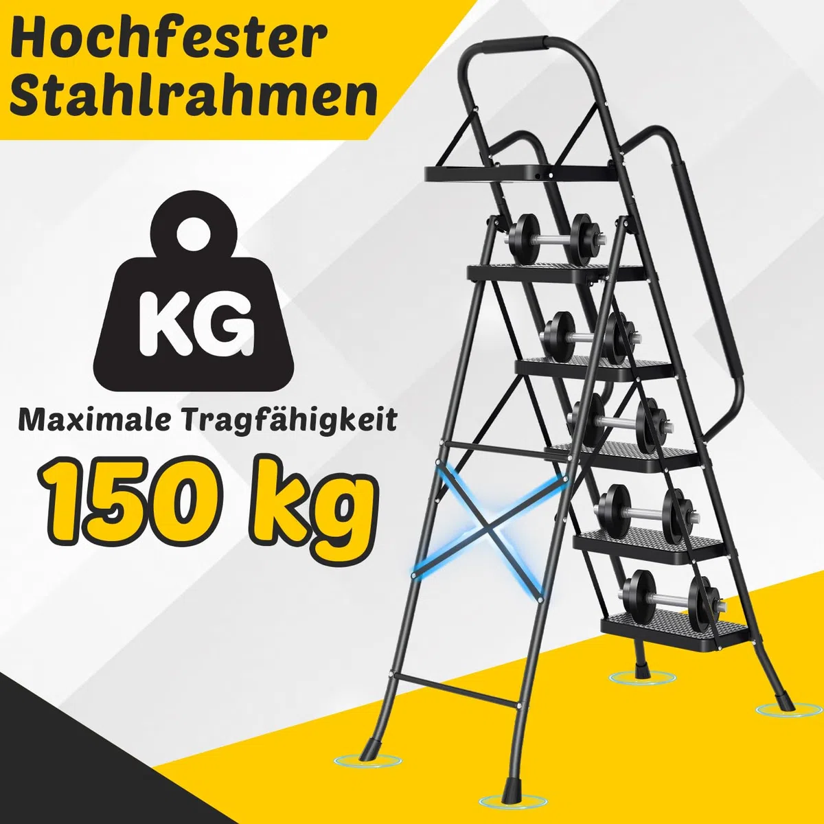Escalera de 5 peldaños con pasamanos y bandeja para herramientas, escalera plegable para el hogar, antideslizante, hasta 150 kg, color negro, 52 x 108 x 167 cm