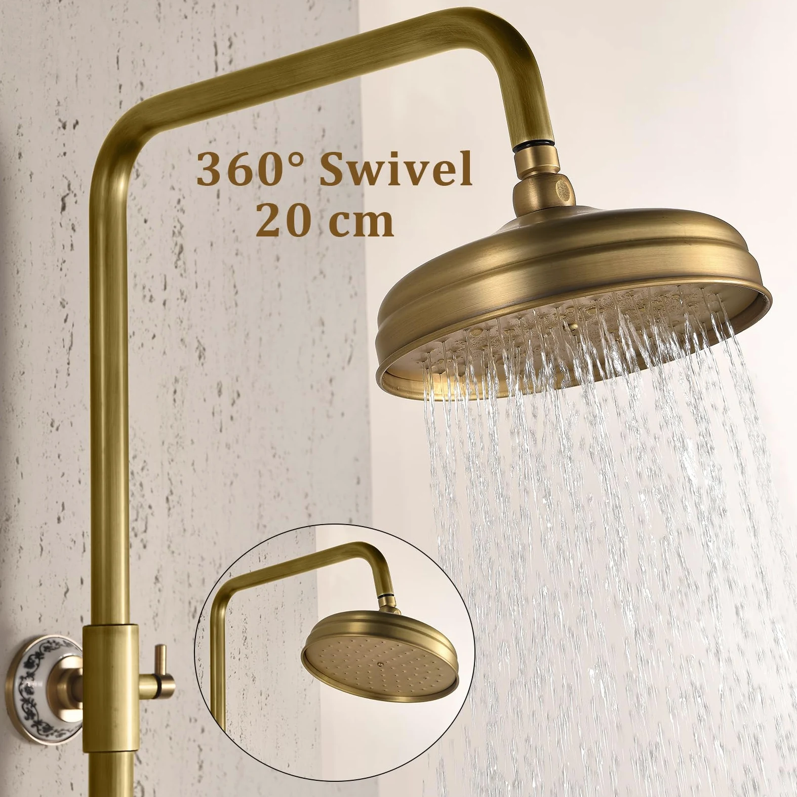 ESOP Conjunto de Ducha Retro Sistema de Ducha Montaje en La Pared Columna de Ducha Latón Set de Ducha con 20cm Giratorio Alcachofa de Ducha, Alcachofa de Mano, Ajustable Barra de Ducha