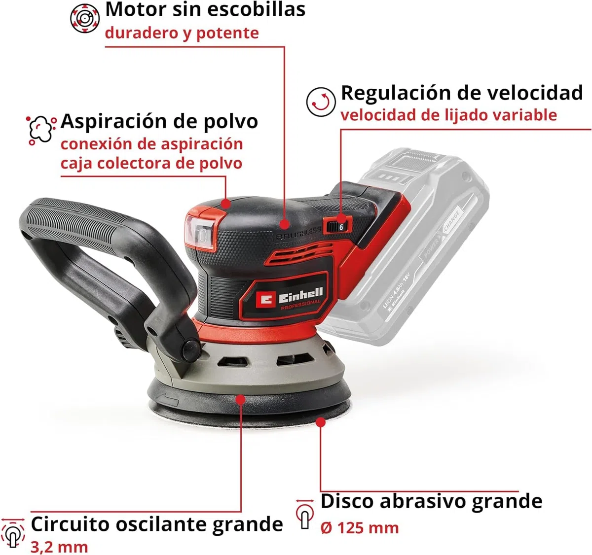 Einhell Professional Lijadora excéntrica con batería TP-RS 18/32 Li BL-Solo Power X-Change (18 V, sin escobillas, circuito oscilante 3,2 mm, disco abrasivo 125 mm, incl. papel de lija, sin batería)