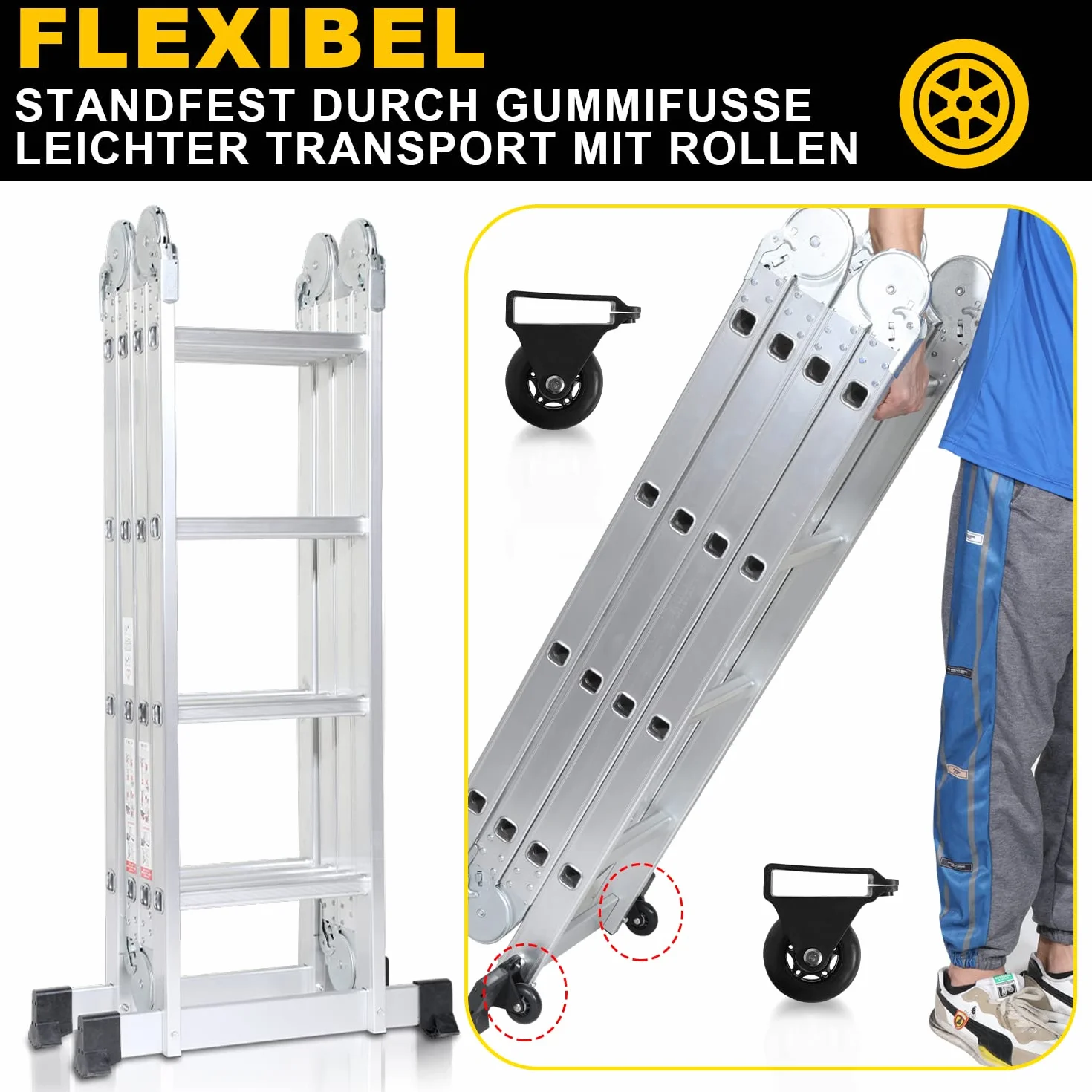 Ikodm Escalera Multiusos de 4 x 4 peldaños, 4,7 m, 7 en 1, de Aluminio, hasta 150 kg, con 2 Ruedas de Transporte y 2 Plataformas, Escalera articulada Plegable