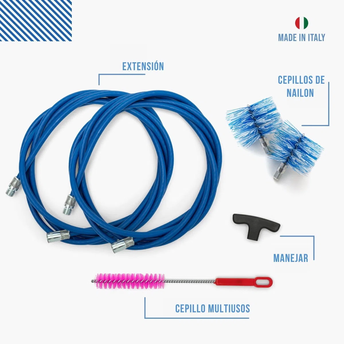 BARETTO | Kit Limpieza conductos Humos | Ø 80+100 mm, Nylon, 6 m, 2 cepillos, Conector M12 | Set Mantenimiento Tubos Chimenea y Estufa