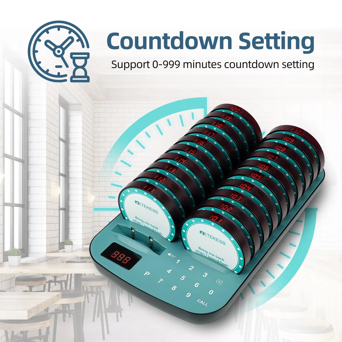 Retekess TD167A Buscapersonas Restaurante, 500M Avisadores Hosteleria, 20 Buscapersonas, Emparejamiento con Una Tecla, 7 Modos de Llamada, 300 mAh 24H, Avisador Clientes para Hotele, Bar, Café
