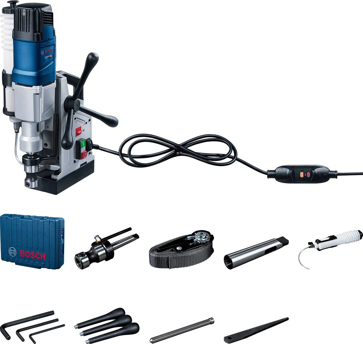 Bosch Professional taladro GBM 50-2 (incl. adaptador p. fresa hueca, llave hexag., expulsor brocas, casquillo reductor, clavija central, correa seguridad, depósito refrigerante, estribo, maletín)