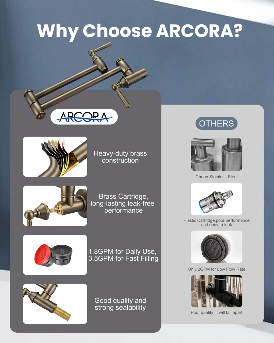 Grifo de llenado de ollas de bronce antiguo, ARCORA Modern Pot Filler Wall Mount Kitchen Folding Faucet 2 Handle with Double Joint Swing Arms Brass Stove Faucet