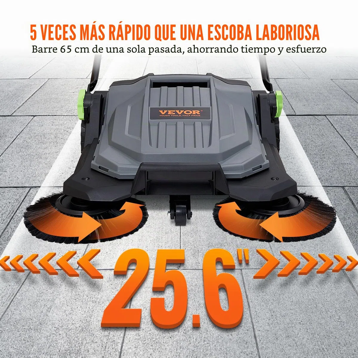 VEVOR Barredora de Suelo de Empuje, Barredora Mecánica, Ancho de Barrido 65 cm, Escoba Manual, Contenedor de Residuos 18.9 L, Mango Plegable Ajustable en Ángulo y Altura, para Jardines, Garajes