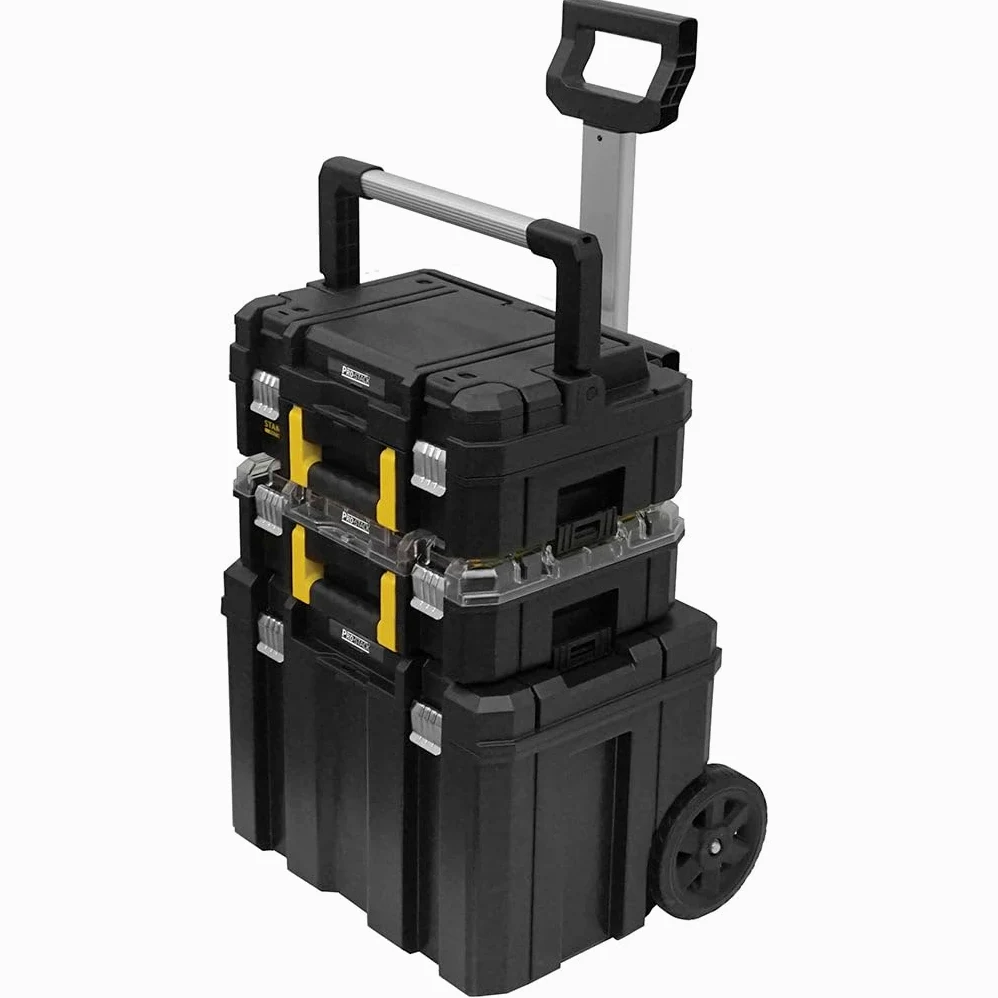 STANLEY FATMAX Conjunto Pro-Stack 3 Piezas, Maleta con Asa de Aluminio, Organizador Transparente, Base con Ruedas, Almacenaje Móvil, Negro, 51.2x70.8x43.5 cm, FMST1-80103