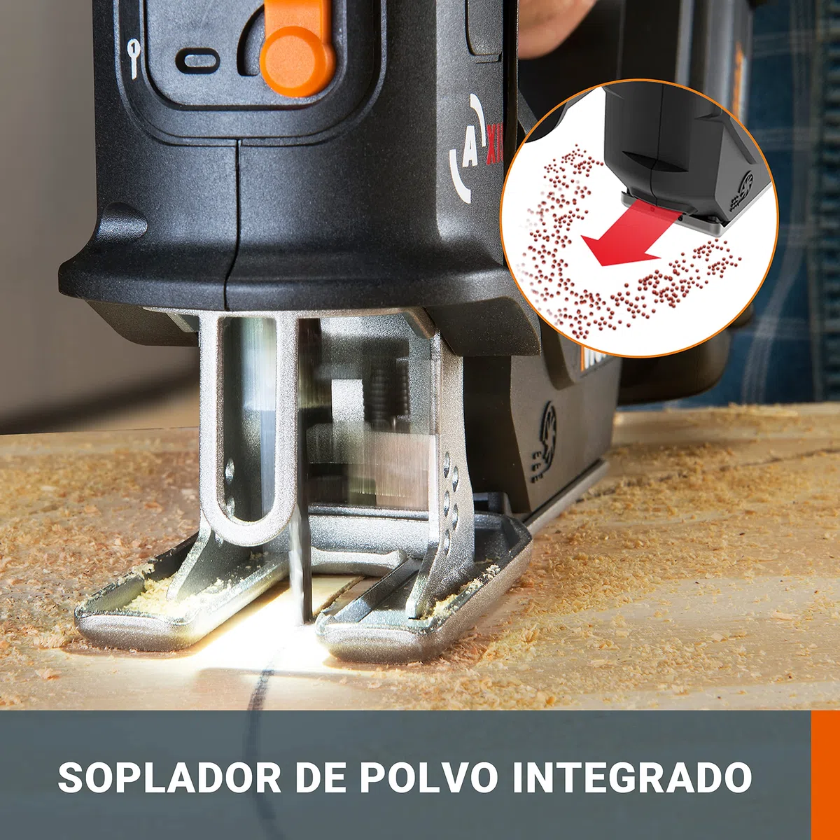 WORX WX550.9 Sierra Calar y Sable AXIS 2 en 1 20V Sin Batería, Cambio Rápido de Hoja, Movimiento Pendular, Soplador, Doble Encendido, LED