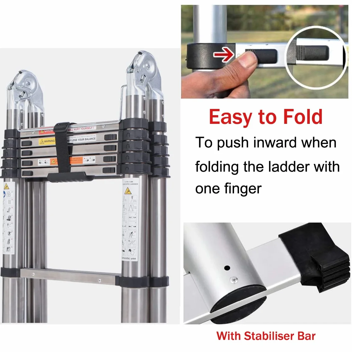 Escaleras Telescópica de 3,8M, Escalera Plegable Portátil con Marco en A, Escaleras Extensibles de Acero Inoxidable, Escalera Antideslizante Multiusos para el Hogar, Capacidad de Carga 330lbs
