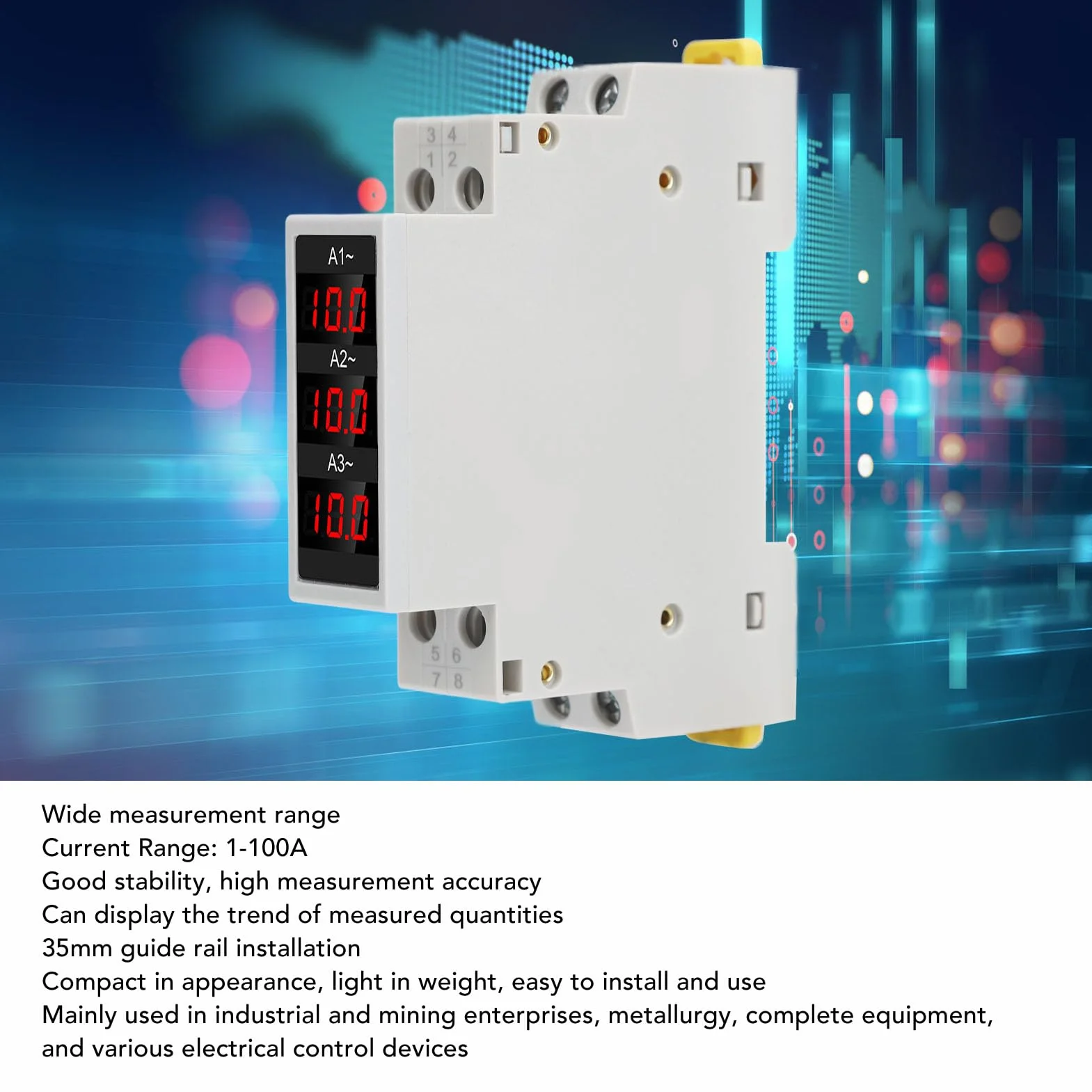Amperímetro Digital Trifásico 80-500V 1-100A con 3 Sensores Pantalla LED Mini Indicador CA para Medición Precisa de Potencia