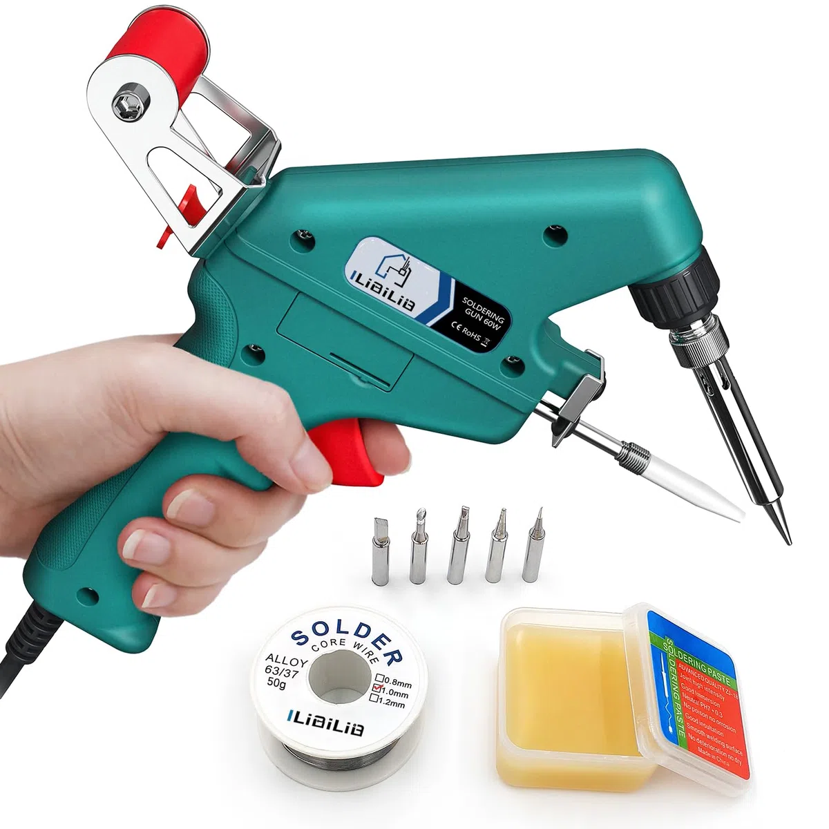 Soldador de Estaño, ILIBILIB 60W Kit de Pistola de Soldadura con 5 Puntas, Alambre de Soldadura, Fundente, Kit de Soldador de Operación con una Sola Mano para Soldar y Reparar