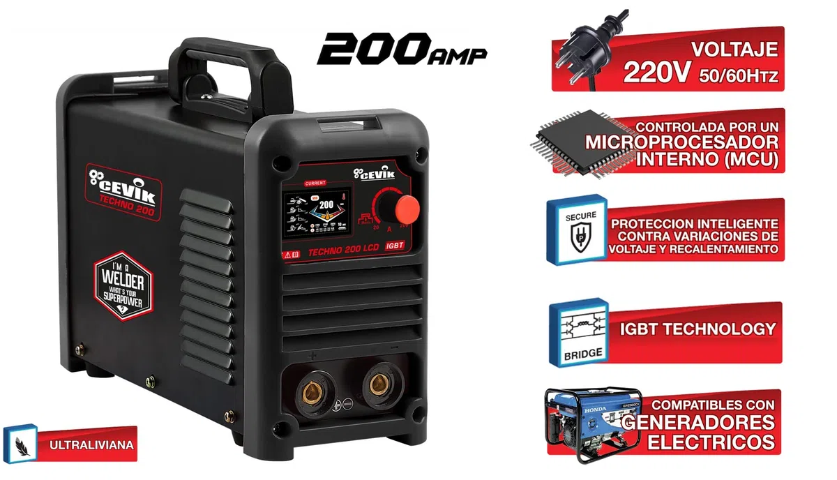 CEVIK PRO CE-TECHNO200LCD - Soldador Inverter MMA con Máscara de Soldadura y Portaelectrodo - 200A 50% 230V-Electrodos hasta 5mm - Pantalla LCD - Conectable a Generador - Máquina de Soldar