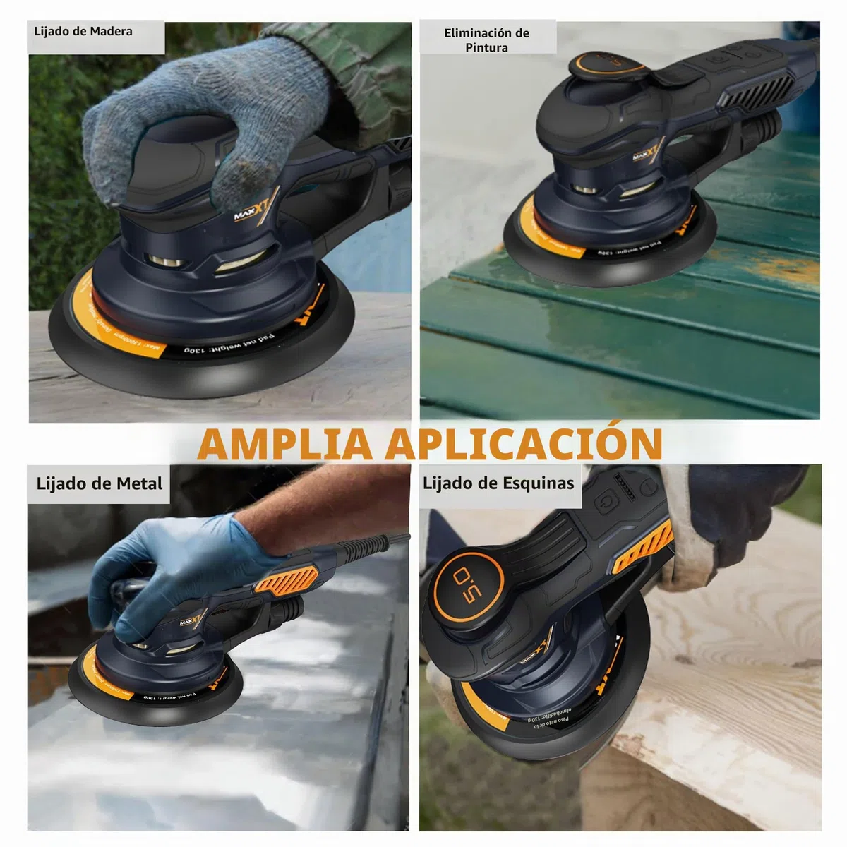 MAXXT Lijadora orbital,350w lijadora orbital aleatoria 10000 OPM con 6 velocidades variables y 10 piezas de 150mm papel,con Bolsillo Lavable de Recogida, para Lijar Madera y Metal