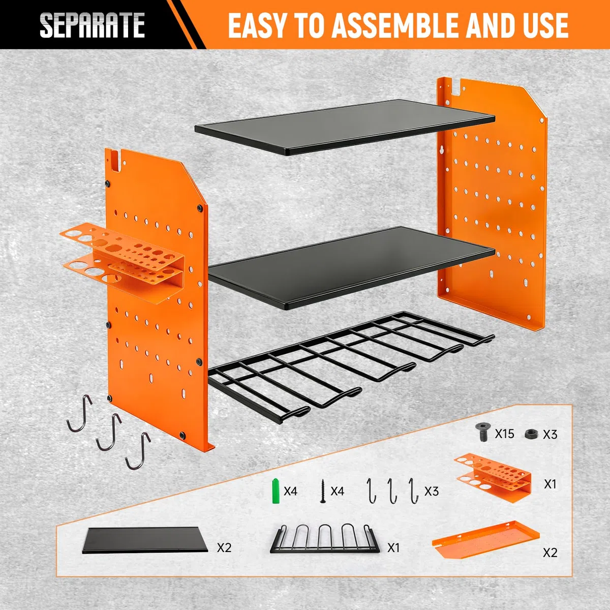 Soporte de pared para herramientas de 4 niveles, caja de almacenamiento para 4 herramientas eléctricas, taladro de impacto, portaherramientas para garaje y taller (naranja)