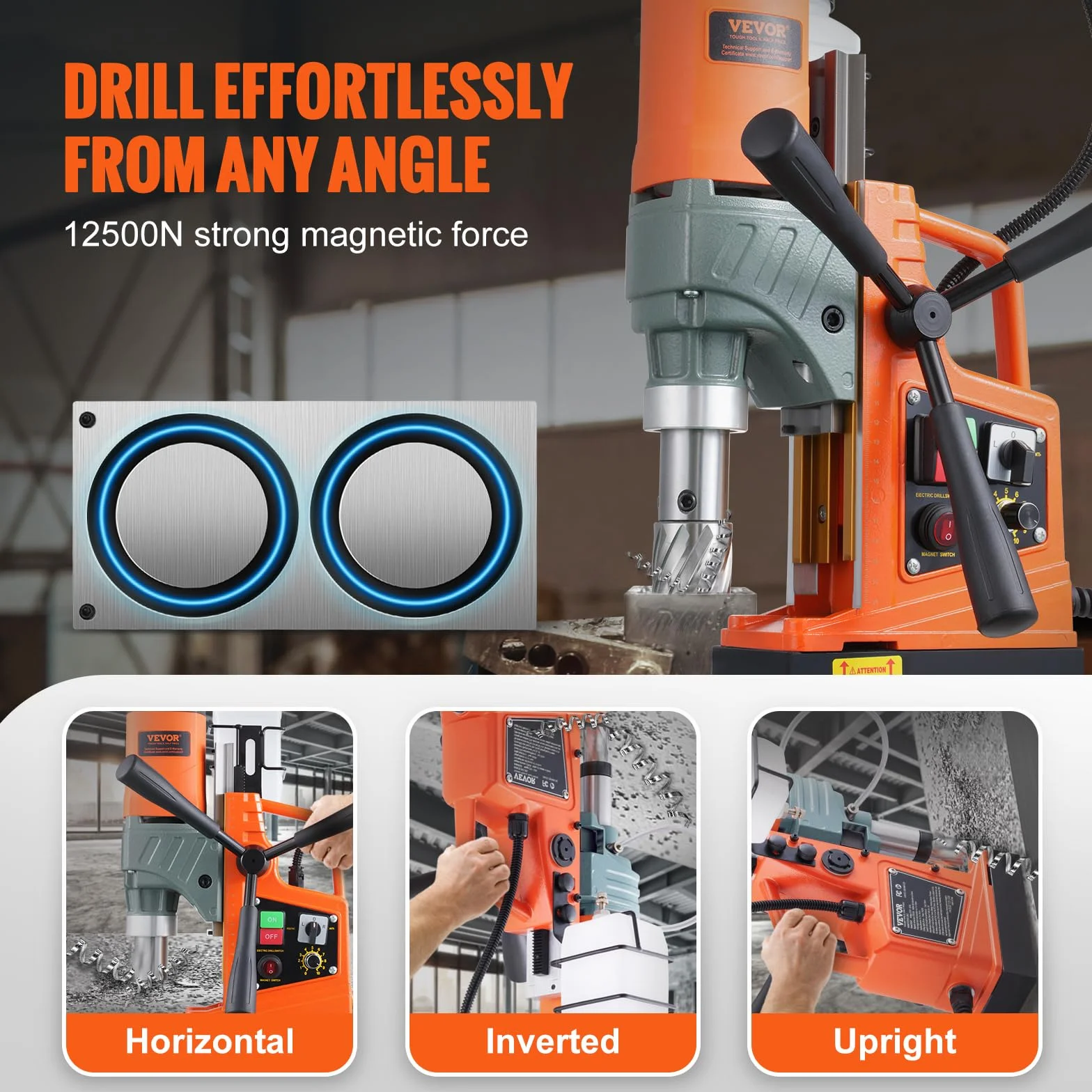 VEVOR Taladro Magnético, Taladro Prensa Portátil 1450 W, 12500 N, 800 rpm, Máx. Diámetro del orificio (broca central) 40 mm, máx. Profundidad de perforación 50 mm, para obras de construcción