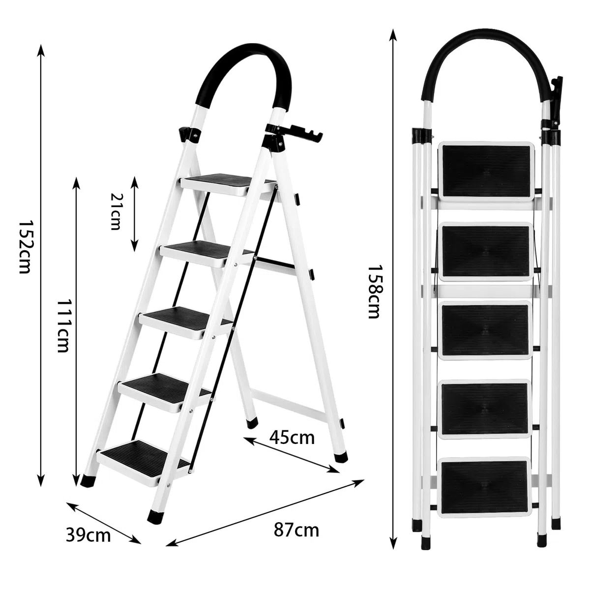 Escalera plegable de 5 peldaños, escalera plegable de 5 niveles, con bandeja para herramientas y pasamanos, escalera doméstica para casa, cocina, trastero, armarios, oficina, color: blanco
