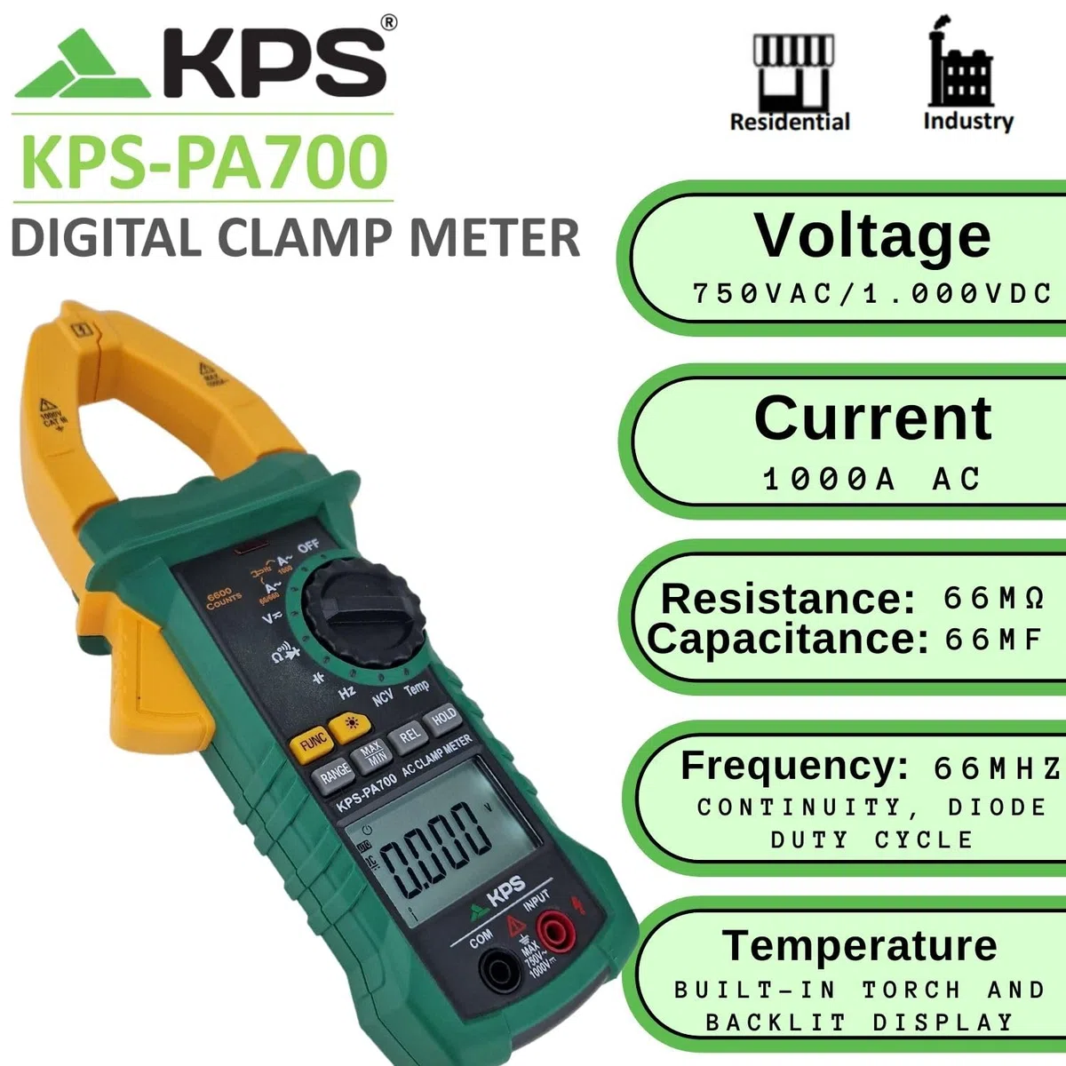 KPS-PA700 Pinza amperimetrica digital TRMS,Tension DC 1000V AC 750V, corriente 1000A, NCV (detección sin contacto), 40 mm de apertura