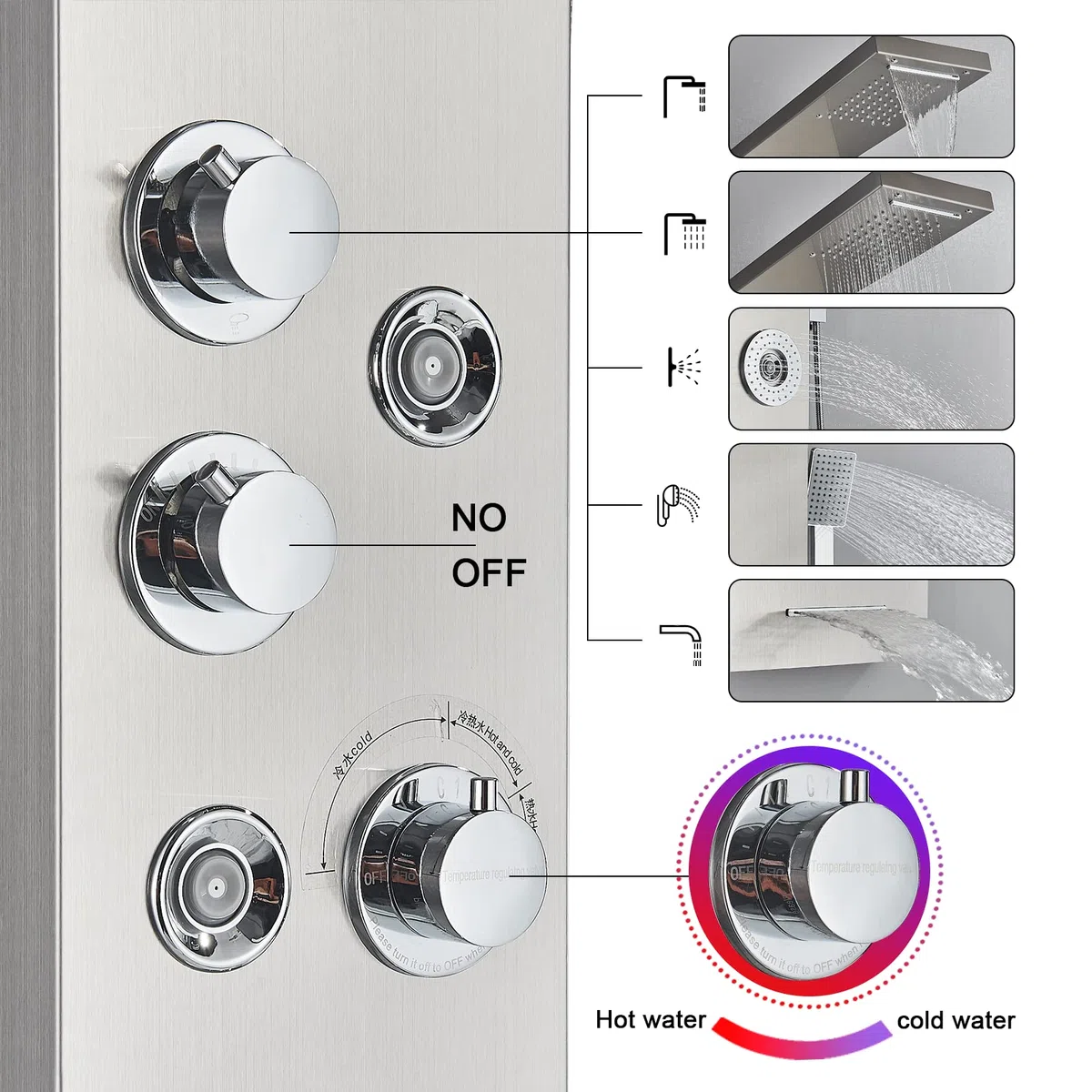 Columna de Ducha con Pantalla LCD, Sistema de Panel de Hidromasaje 3 en 1, Cabezal de Lluvia Grande, Masaje Corporal, Acero Inoxidable Cepillado