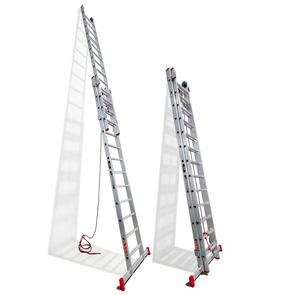 BTF Escalera de Mano Profesional de Aluminio 2 Tramos x 11 Peldaños, Extensible por Cuerda, Altura Extendida 5,6m, Barra Estabilizadora | Uso Profesional, Carga 150kg, Norma EN131. Ref: BTF-EDEAC8035