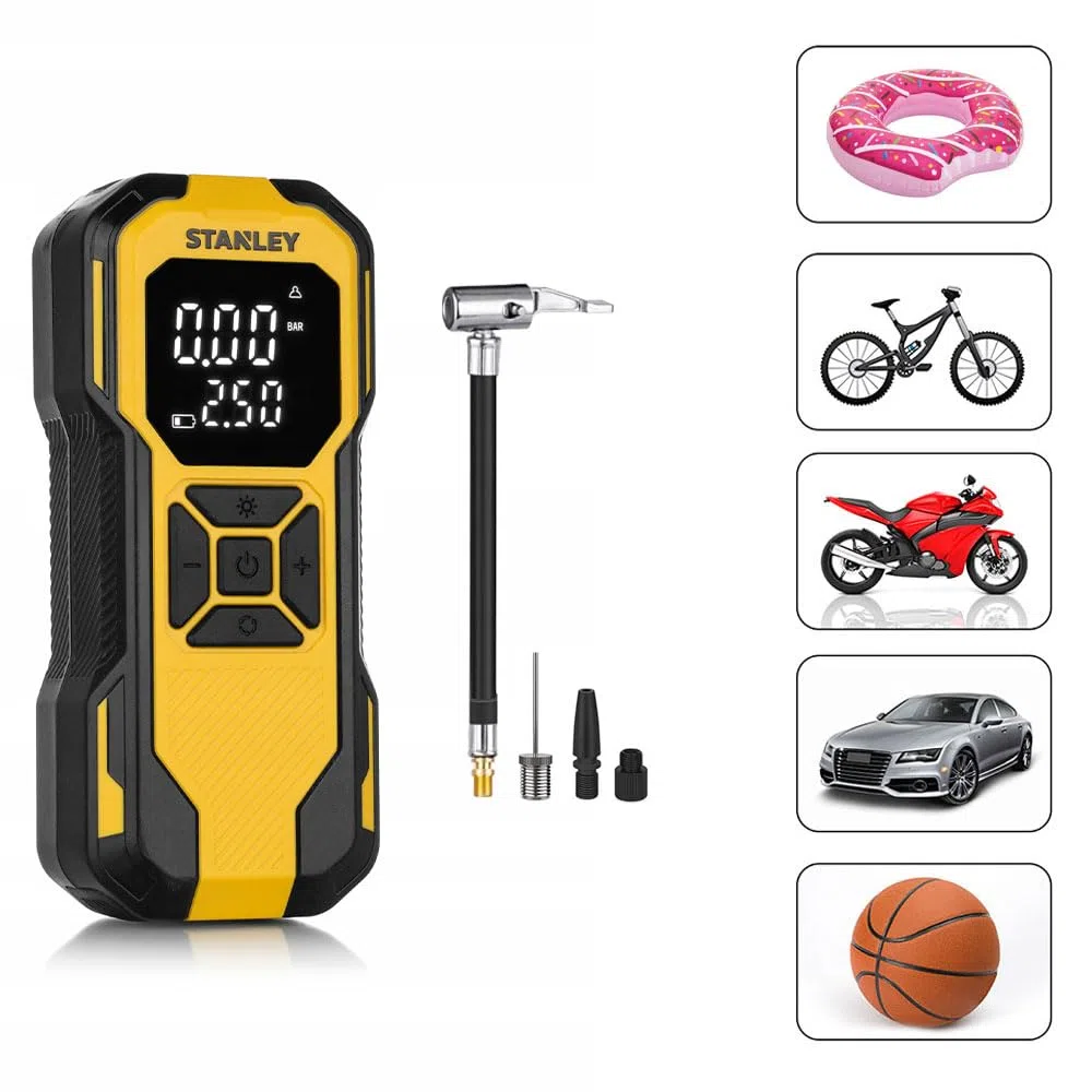 STANLEY - Inflador de aire mini inalámbrico, bomba portátil de 12V para neumáticos de coche y bicicleta, manómetro digital y luz LED, diseño compacto, amarillo